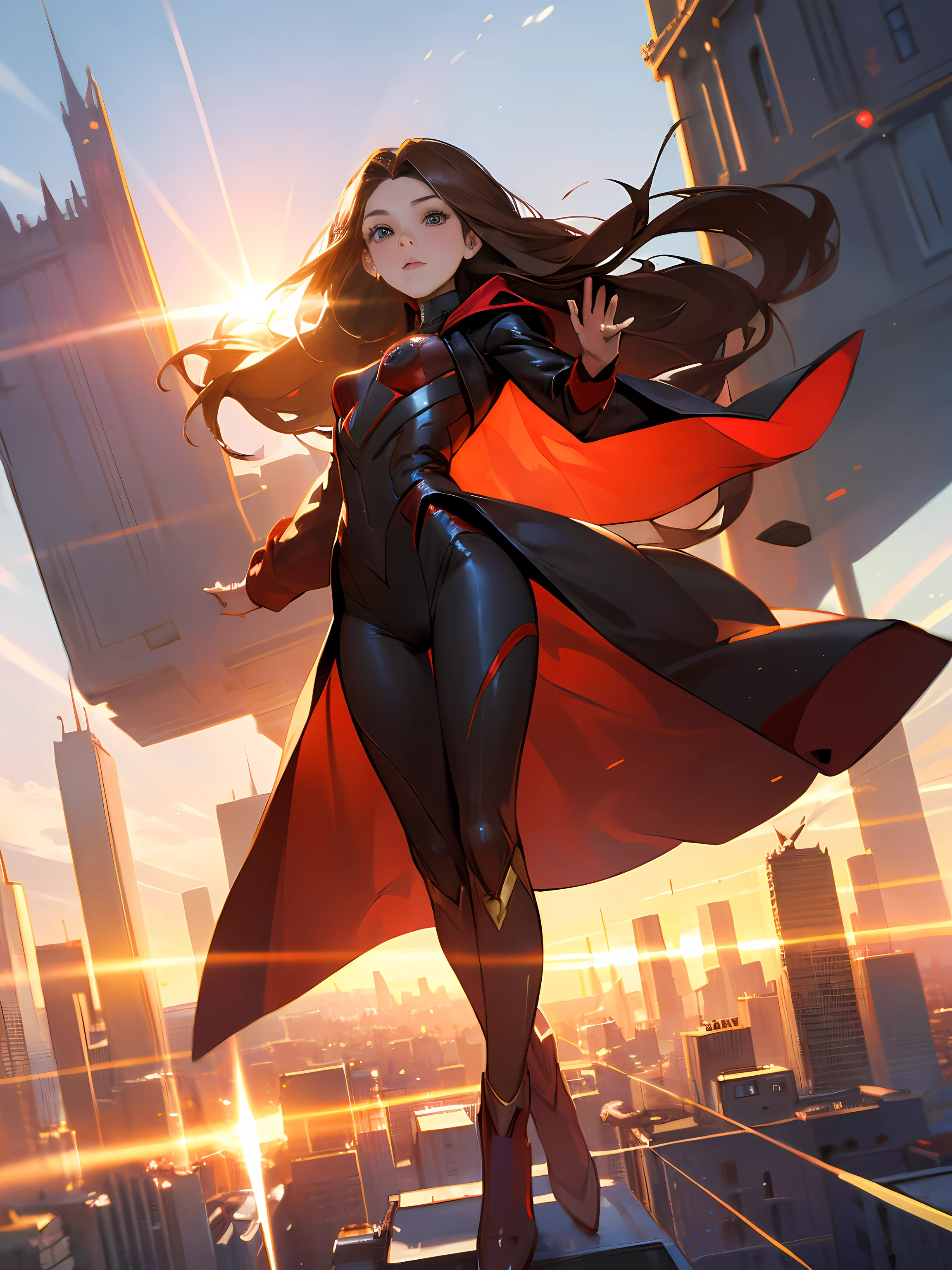 (masterpiece), (best quality), Elizabeth Olsen as Scarlett Witch. Long brown hair. Cybersuit uniform. Floating in mid air. Outdoor, sunlight, sun flare, sunlight behind her. full body shot. City background. Perfect proportions.