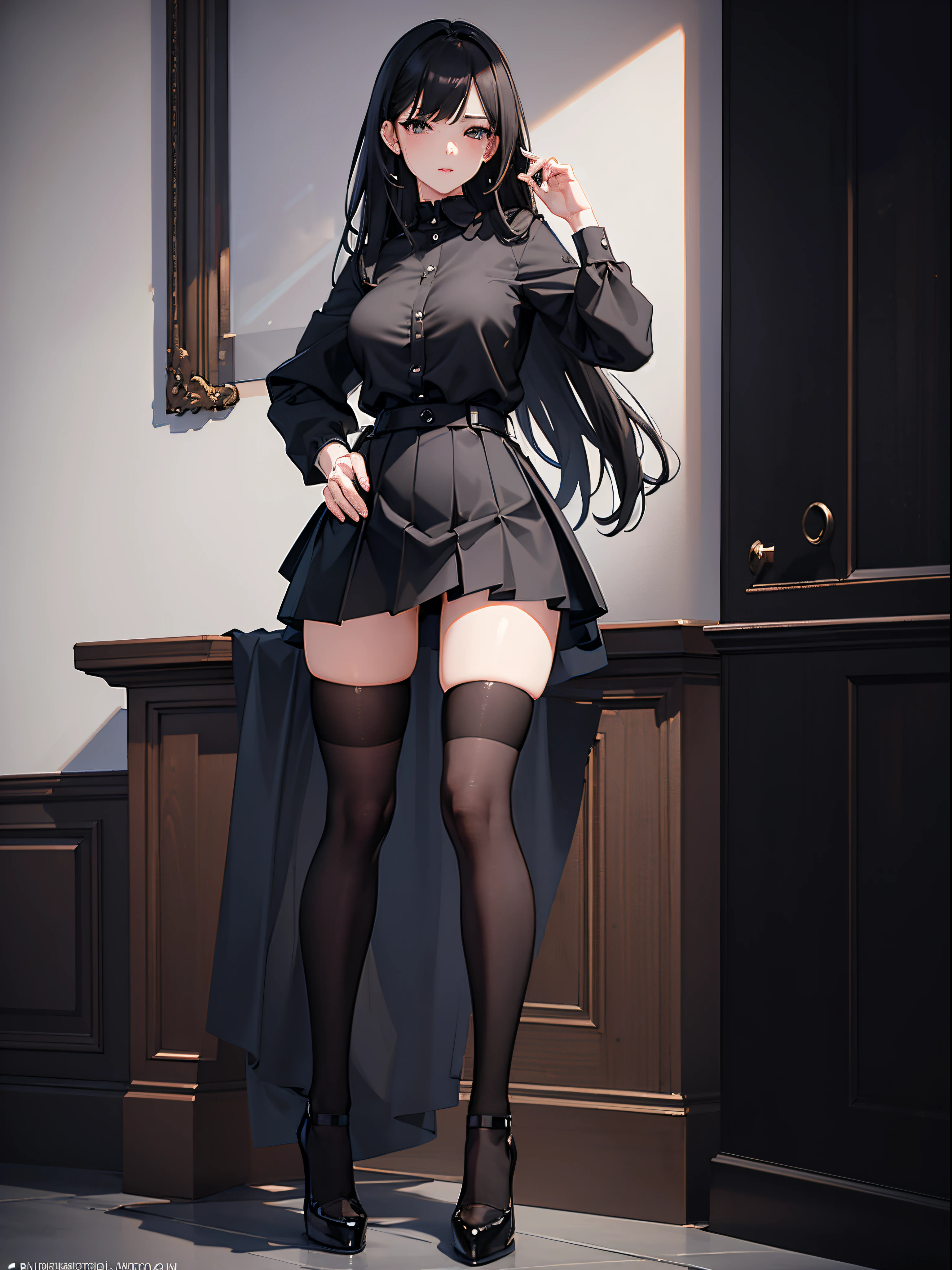 (( she's wearing a plaid, oversized, checkered shirt. it hangs just below her hips and drapes over her breasts. it's quite loose, so you can't see the curves of her body very well. it is only slightly longer than her skirt; which is a black, tartan-print, pleated skirt. the skirt reaches just above her thighs. her tights are black and she's wearing knee-high boots with laces. she's wearing black eyeliner and lip stain, and some dark eye shadow. ))