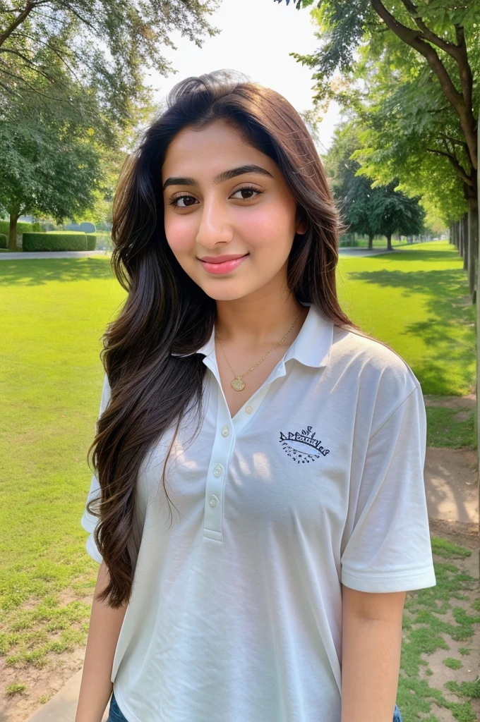 Instagram photo, 14 years old girl named reema khan, wearing casual outfit, closeup selfie taken on iphone 15, perfect body, looking at viewer, park, sunkissed, sunlight, slight smile