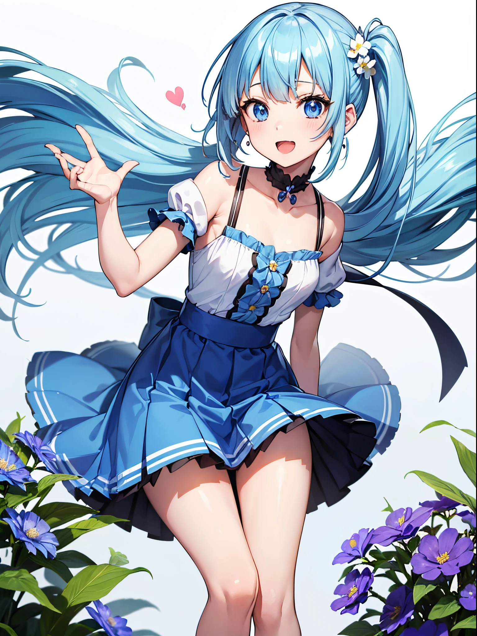 ​masterpiece:1.2、hightquality、top-quality、hight resolution、detaileds、A hyper-realistic、1girl in、long hair with light blue twin tails,、Beautiful blue eyes、tilt of the head、morning glow、Green grass々Shiigi々、birdie、rainbows、portlate、Lovely smile、showing teeth、(A detailed face)、((foco nítido))、((faces))、The upper part of the body_Body