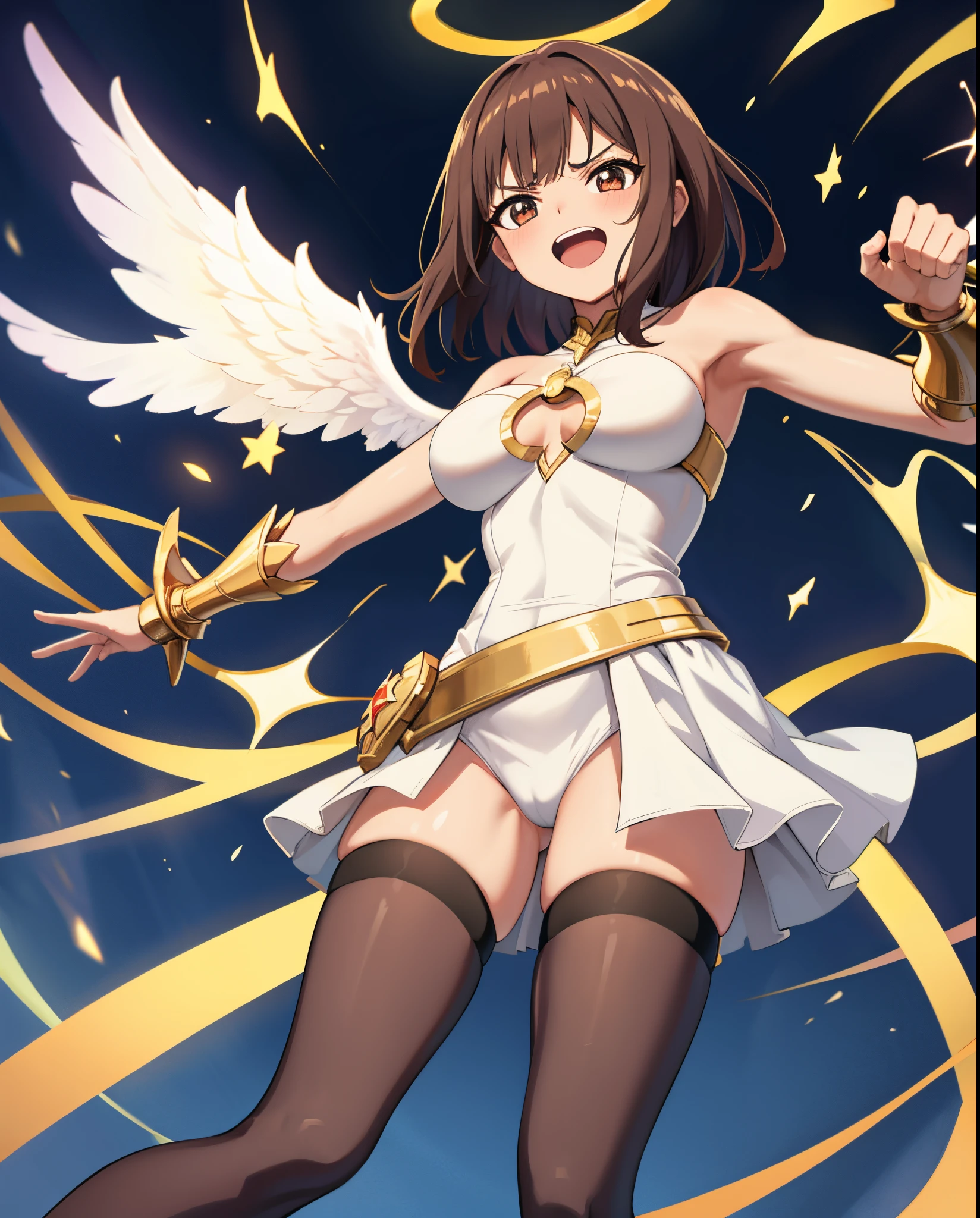 fantasy, 1angel_girl, loli,bwn_hair, medium_bob_hair, long_bangs, halo,bare_shoulder,thighhighs,silver_armor, waist_armor, large_breasts,angry,grinning,open_mouth_teeth, 1pair_wings, dynamic_pose_fighting,floating, bare_crotch, headgear,gauntlet, greaves,city_sky_background,slightly_spread_legs, solo, groin_naked,dark_skin,