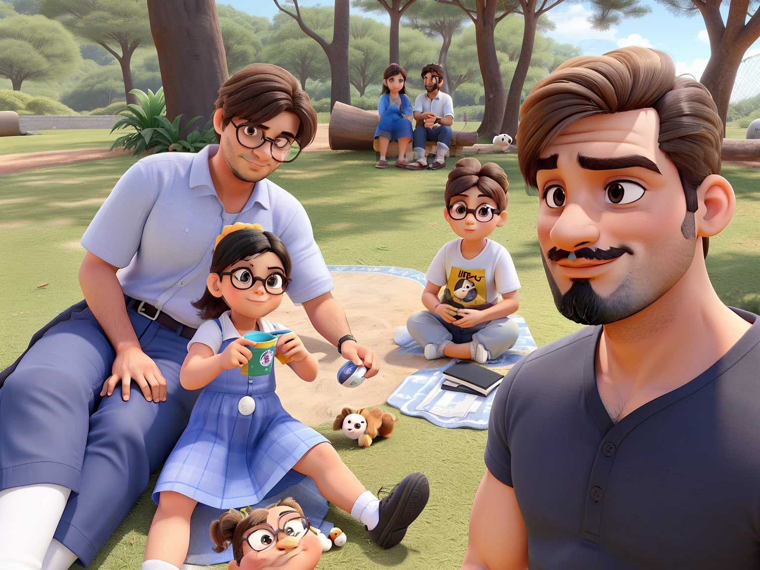 Familia fazendo pique nique no parque. O homem adulto e branco e tem barba e cabelo preto. A mulher adulta e branca, usa oculos de sol e tem cabelo louro. As criancas sao brancas e tem cabelo louro.