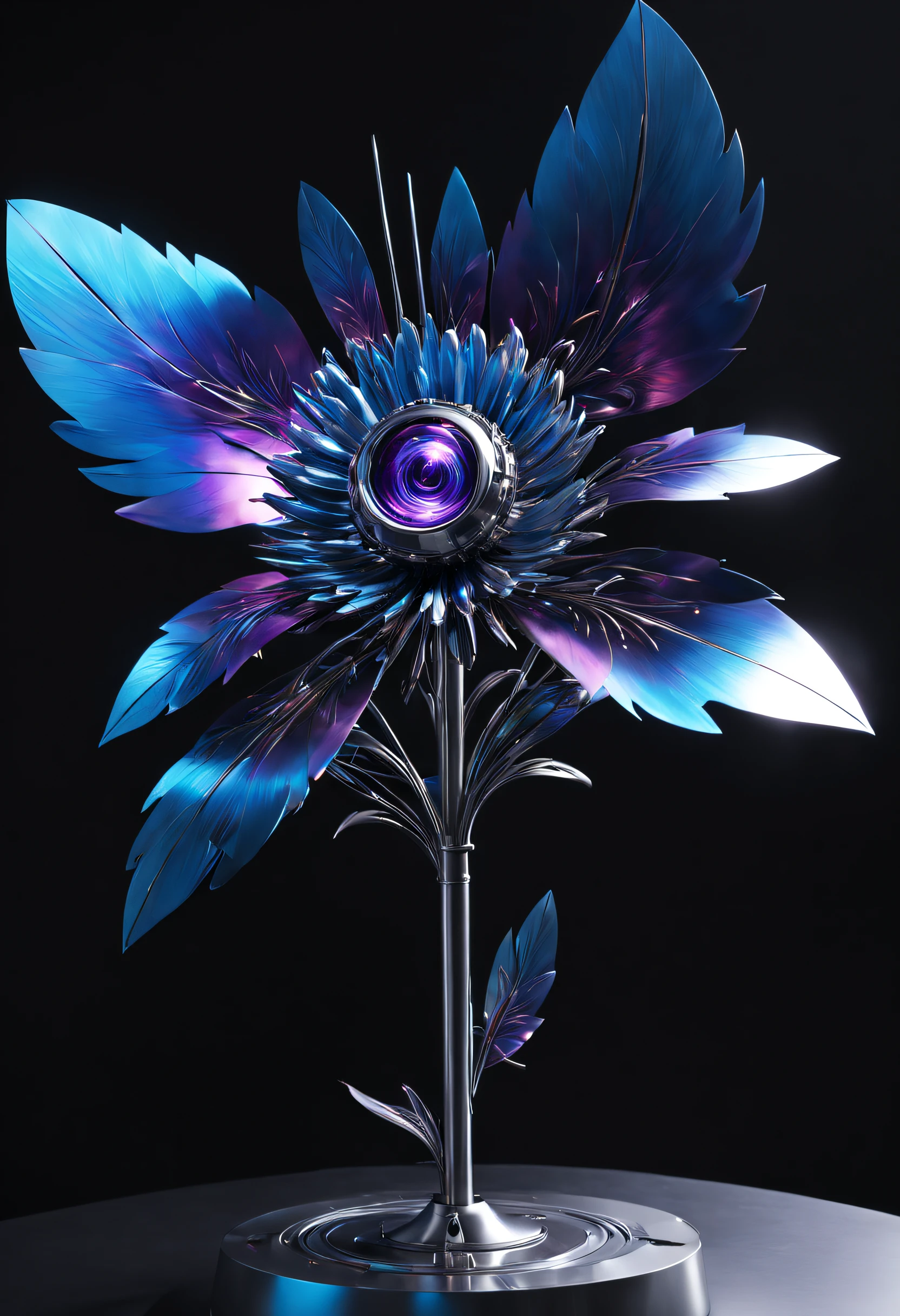 Metal flowers are the perfect combination of future technology and art. They show the perfect integration of high technology and natural beauty in a unique way.The whole body of the metal flower is composed of high-tech mechanical parts. The bionic eyes and detailed feather design make it more vivid and realistic in shape.The design of the metal head and peck gives it a commanding presence, while the metal claws and wings demonstrate its superb craftsmanship.The electric blue and bright purple light emitted by the metallic flowers make people feel like they are in a futuristic science fiction atmosphere.Suspended in mid-air, its vividly glowing eyes and reflective metal surfaces complement the gloomy environment, creating an ominous and mysterious atmosphere.The dynamic posture and motion blur effect of the metal flower further highlight its sense of technology and fashion, as if it is a messenger from the future world.The design of the metal flower also incorporates advanced sensors, complex algorithms, and future propulsion systems, giving it extraordinary precision and a dynamic appearance.The streamlined aerodynamic shape and laser-scanned pattern demonstrate its design concept of equal emphasis on technological progress and beauty.The application of holographic projection and light-emitting circuit lines makes the metal flowers more beautiful and unforgettable. With its avant-garde design and high-tech elements, it shows the infinite possibilities of future technological development, and at the same time, it also brings people's appreciation of the beauty of nature. The spirit of pursuit and technological innovation is perfectly combined to become a very cool and amazing piece of art.