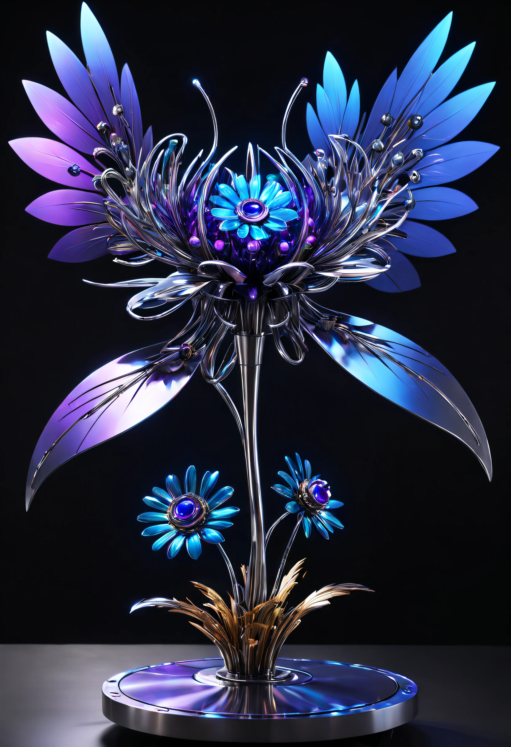 Metal flowers are the perfect combination of future technology and art. They show the perfect integration of high technology and natural beauty in a unique way.The whole body of the metal flower is composed of high-tech mechanical parts. The bionic eyes and detailed feather design make it more vivid and realistic in shape.The design of the metal head and peck gives it a commanding presence, while the metal claws and wings demonstrate its superb craftsmanship.The electric blue and bright purple light emitted by the metallic flowers make people feel like they are in a futuristic science fiction atmosphere.Suspended in mid-air, its vividly glowing eyes and reflective metal surfaces complement the gloomy environment, creating an ominous and mysterious atmosphere.The dynamic posture and motion blur effect of the metal flower further highlight its sense of technology and fashion, as if it is a messenger from the future world.The design of the metal flower also incorporates advanced sensors, complex algorithms, and future propulsion systems, giving it extraordinary precision and a dynamic appearance.The streamlined aerodynamic shape and laser-scanned pattern demonstrate its design concept of equal emphasis on technological progress and beauty.The application of holographic projection and light-emitting circuit lines makes the metal flowers more beautiful and unforgettable. With its avant-garde design and high-tech elements, it shows the infinite possibilities of future technological development, and at the same time, it also brings people's appreciation of the beauty of nature. The spirit of pursuit and technological innovation is perfectly combined to become a very cool and amazing piece of art.