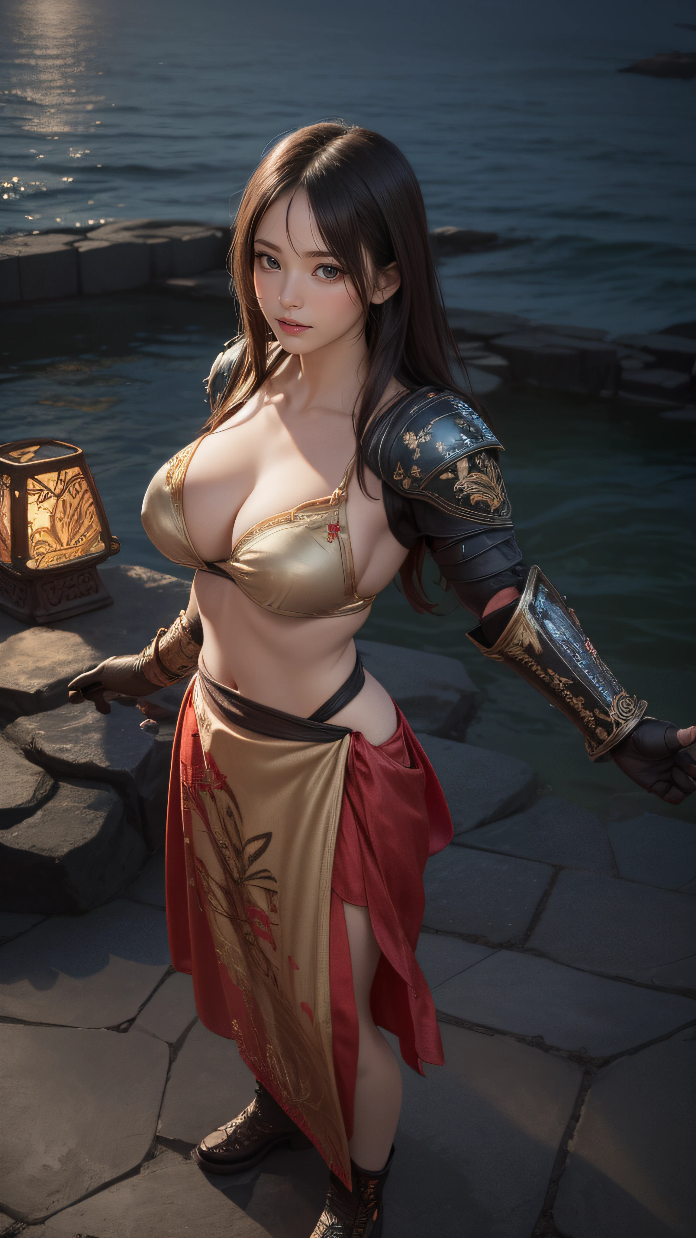 from below,looking at viewer,fighting stance,(ultra detailed skin),curvy,petite,beautiful breasts,large breasts,pale skin,pointy breasts,erect nipples,(fantasy art,Highest image quality,Hyperrealist portrait,(8k),ultra-realistic,best quality, high quality, high definition, high quality texture,high detail,beautiful detailed,fine detailed,extremely detailed cg,detailed texture,a realistic representation of the face,masterpiece,Sense of presence,Dynamic,bold),(thin hair),(soft hair),(straight hair:1.5),Swept long bangs,extra light coppery amber hair,hair over one eye,((clothed:1.5),leather boots,leather gauntlet,(carbon armor:1.5),(embroidered dress:1.5),(long silk sarong:1.5))),Brave stance,(seaside:1.5)