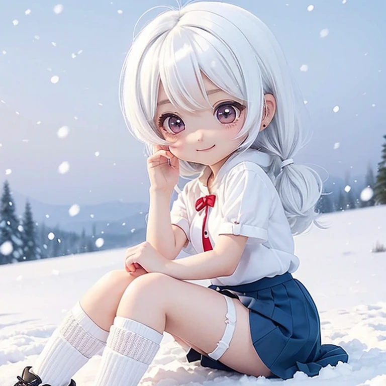 girl, ((loli)), medium hair, ((small breasts)), shorts under skirt, white hair, kawaii, (((chibi))), snow, white kneehighs, light smile, looking at viewer, uwabaki, (sitting),