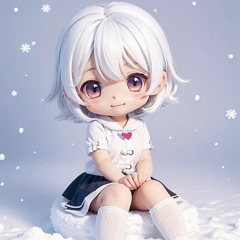 girl, ((li)), medium hair, ((small breasts)), shorts under skirt, white hair, kawaii, (((chibi))), snow, white kneehighs, light smile, looking at viewer, uwabaki, (sitting),