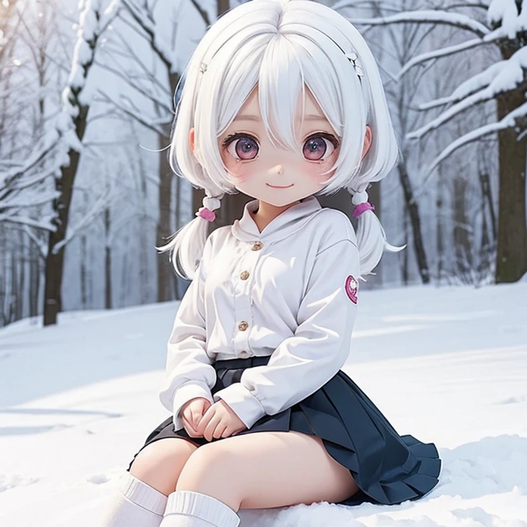 girl, (()), medium hair, ((small breasts)), shorts under skirt, white hair, kawaii, (((chibi))), snow, white kneehighs, light smile, looking at viewer, uwabaki, (sitting),