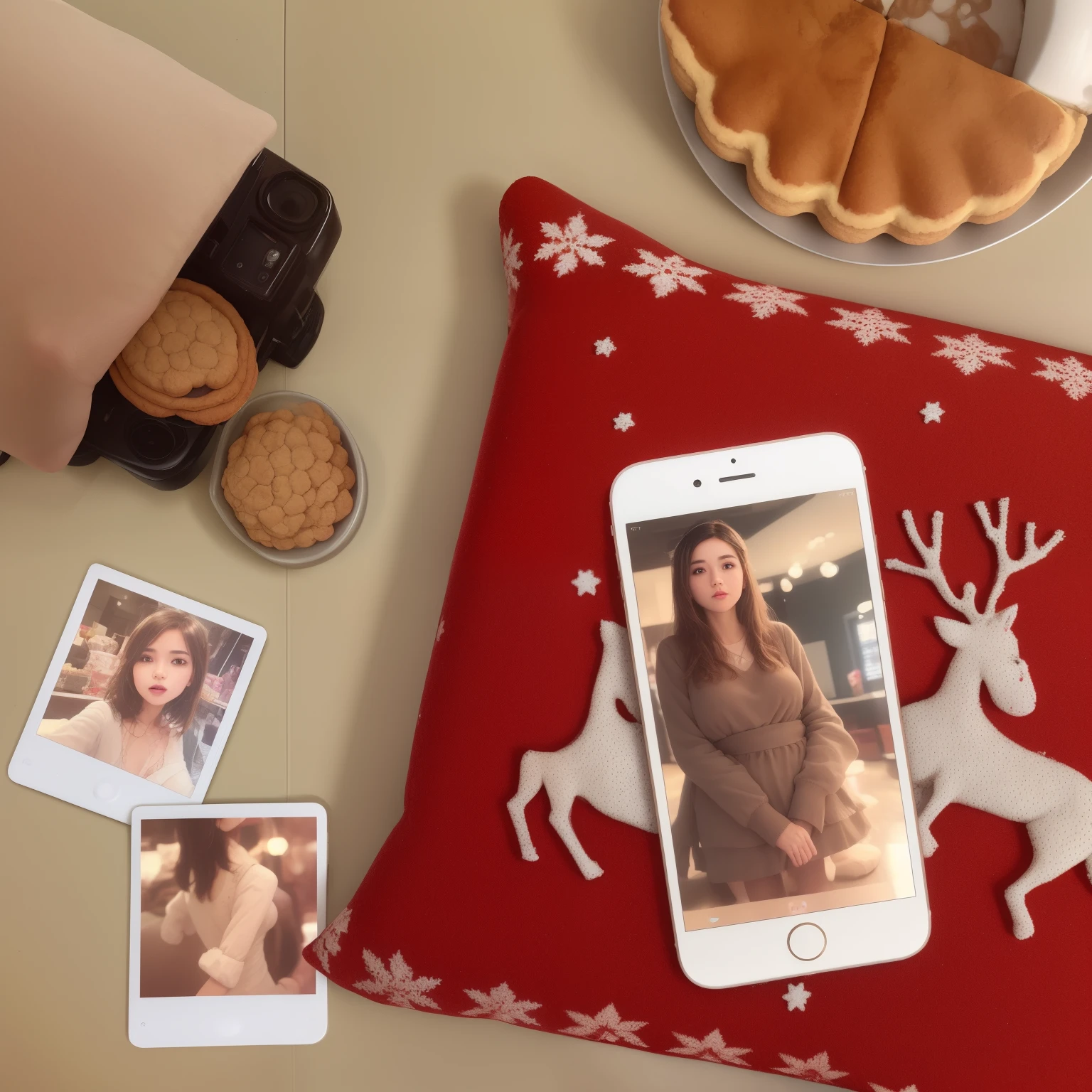 (best quality), Iphone 6s , Christmas pillow , Cake Tart , Polaroid Photos on floor , Cookies  , Aesthetic feed for Instagram, Stuff Photos , UHD , 8K