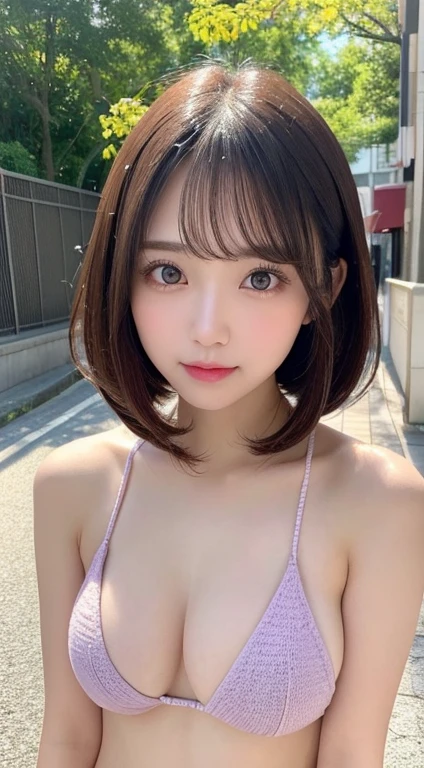 Full body:1.3, masutepiece, Best Quality, Ultra-detailed, finely detail, hight resolution, 8K Wallpaper, Perfect dynamic composition,Perfect face line, Beautiful detailed eyes, pastel knit bikini,bob cuts,Natural Color Lip, Random and cute poses, Kissing face,Take a photo with your kissing face facing the viewer,Perfect and beautiful face,Cute,Anatomically correct condition,Cute,idolface,Perfect and beautiful face
