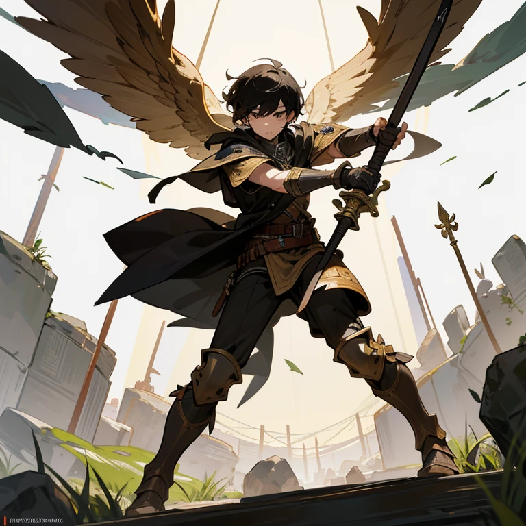 Create a perfectly detailed masterpiece image with 4K full HD quality respecting the human anatomy of a man with short black hair with brown eyes which is inspired by the clerics of the RPG game genre., viste una tunica blanca con armadura ligera, botas u guantes de cuero con placas de metal, wide leather belt, He also carries a mace in his left hand and a battle ax in his right hand., su mirada es intimidante y segura, se encuentra de pie en un camino de piedra en medio del bosque.