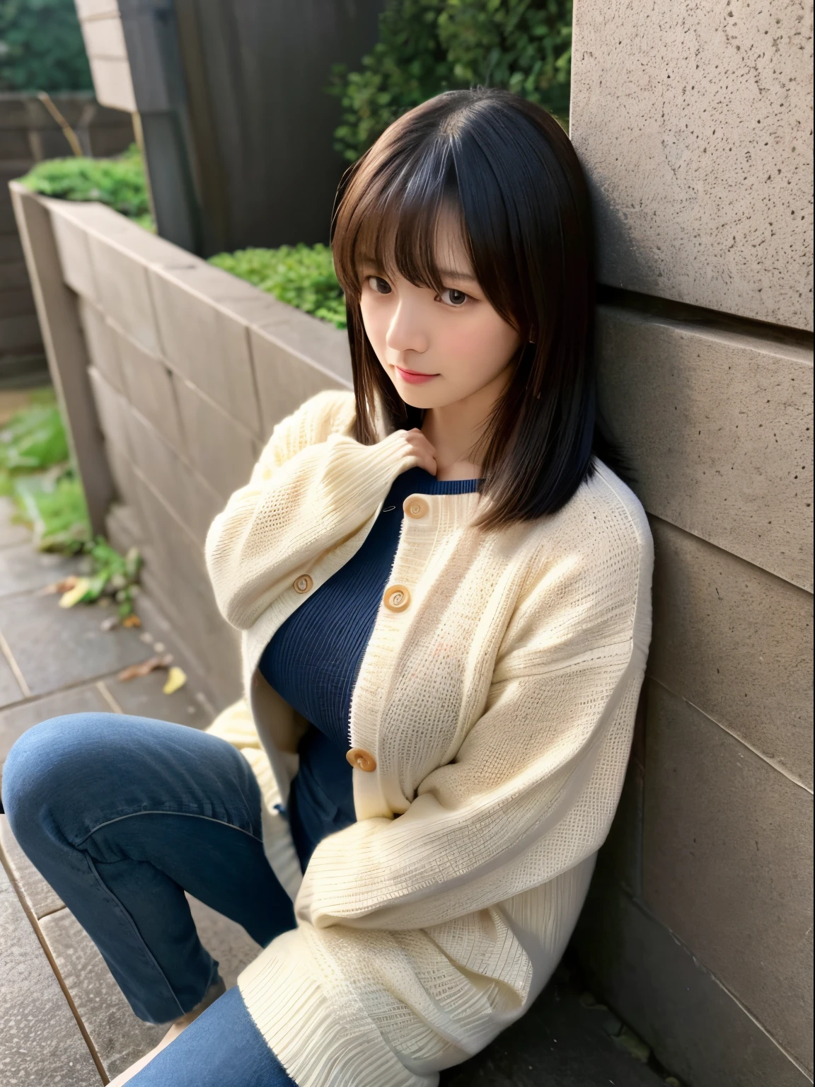 top-quality, masutepiece, High Definition, 16k image, Smartphone shooting、voyeurism、a 、petite maed woman、Sweaters、爆乳、wearing a thin jacket:1:1、 bad weather、look from down、(Hidden Face), Straight face、Muchimuchi、thick legs、thick thight、Slender big, Plump arms、(breasts pocket)、(Rocket Tits), Constricted waist, (Looking away), Boobs that are about to overflow, Confined space,Schools、 (thick legs)