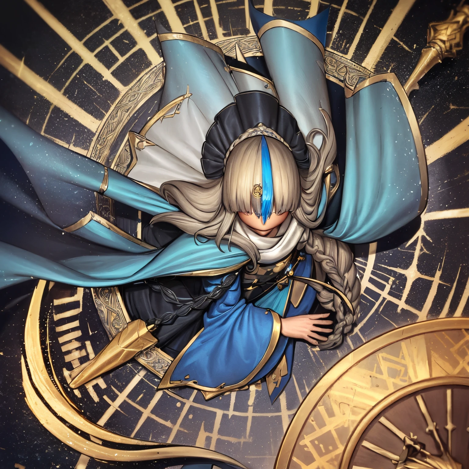 grey background, simple background, top down, from above, Elegant anime female characters, gold blond hair, very long straight hair, blue medieval sorcerer and aristocratic costumes, detached hair, clock behind