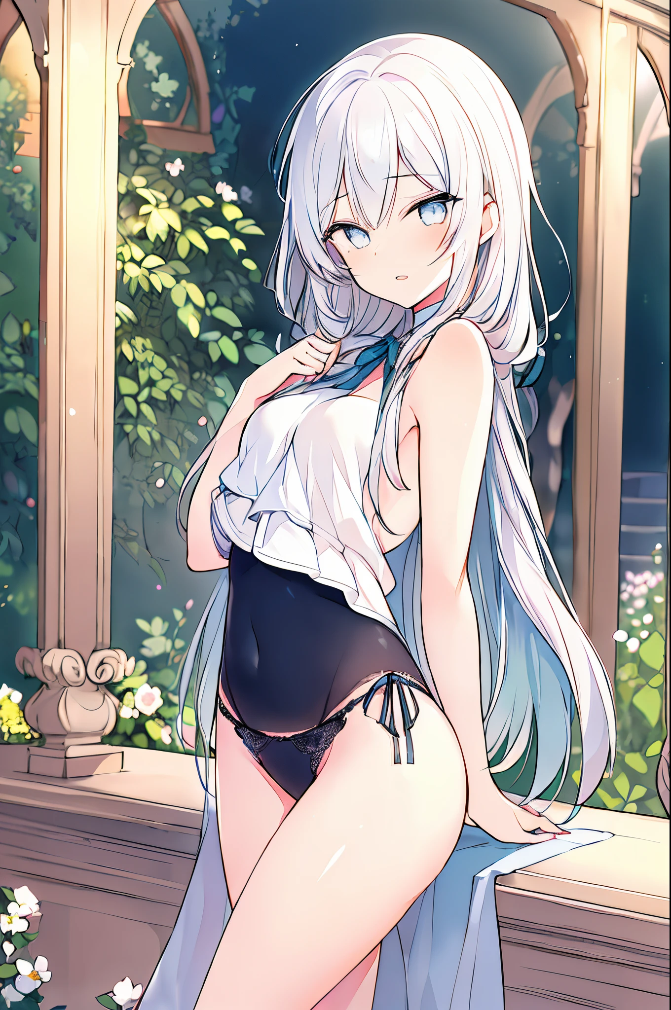 (cute girl from back:1.1, underwear:1.1),beautiful detailed eyes,beautiful detailed lips,long eyelashes,smooth skin,flowing hair,slender figure,vibrant colors,soft lighting,romantic atmosphere,photorealistic rendering,high resolution,image clarity,sparkling details,subtle textures,expressive pose,lush garden background