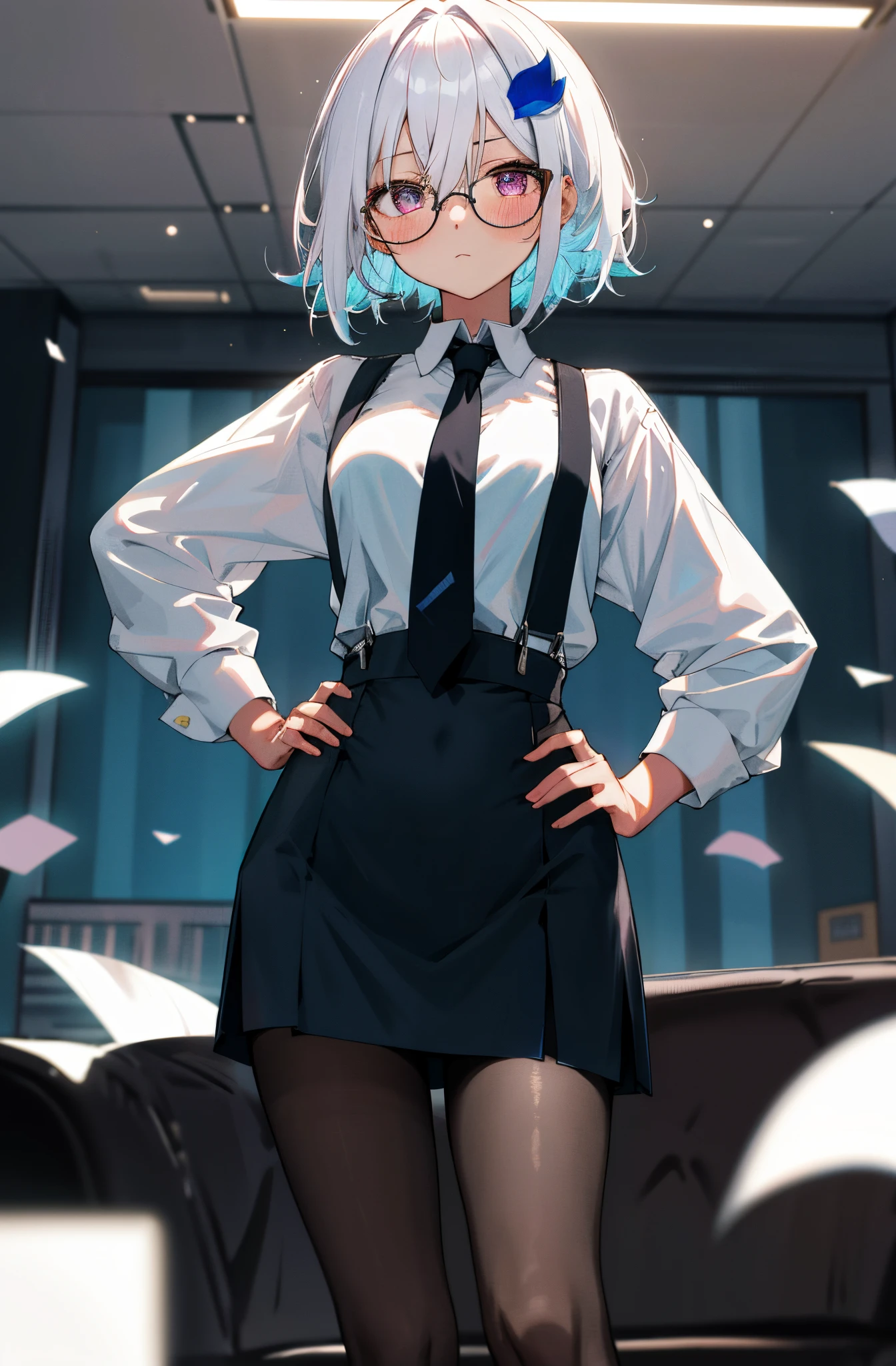 One girl with short messy hair, hair between eyes, white hair, blue inner hair, looking at viewer, blushing, expressionless, ringed eyes, indoor, living room, suit, black suspenders, white shirts, black necktie, mini skirt, office lady, thigh, slim, dizzy, choker, mid-chest, wide hips, perfect waist, spread legs, night atmosphere, hair ornament, standing, glasses, hands on hip, pantyhose,