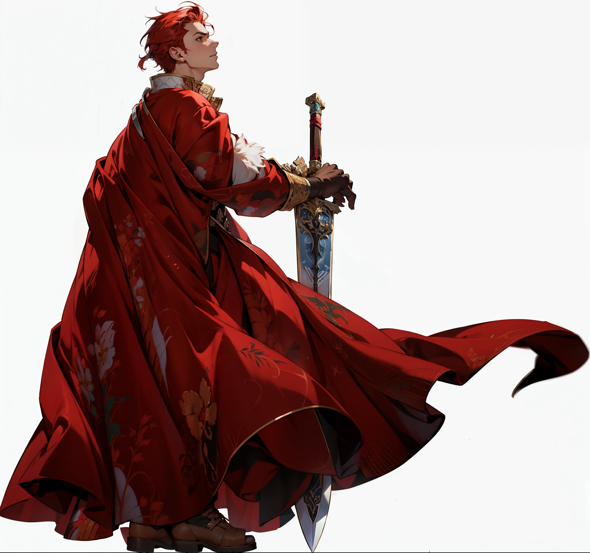 anime, un macho hombre muy masculino con una capa de macho rojo sosteniendo una espada, Capa roja, kvothe de Nombre del viento, vestido con una capa roja, con espada grande, sostiene una espada, Trabajos de hoja ilimitados, Arte Oficial, Arte oficial del personaje, destino/Cero, Arte Casimiro, Cushart Krenz, El destino se queda la noche, Foto de perfil, mientras sostiene una espada