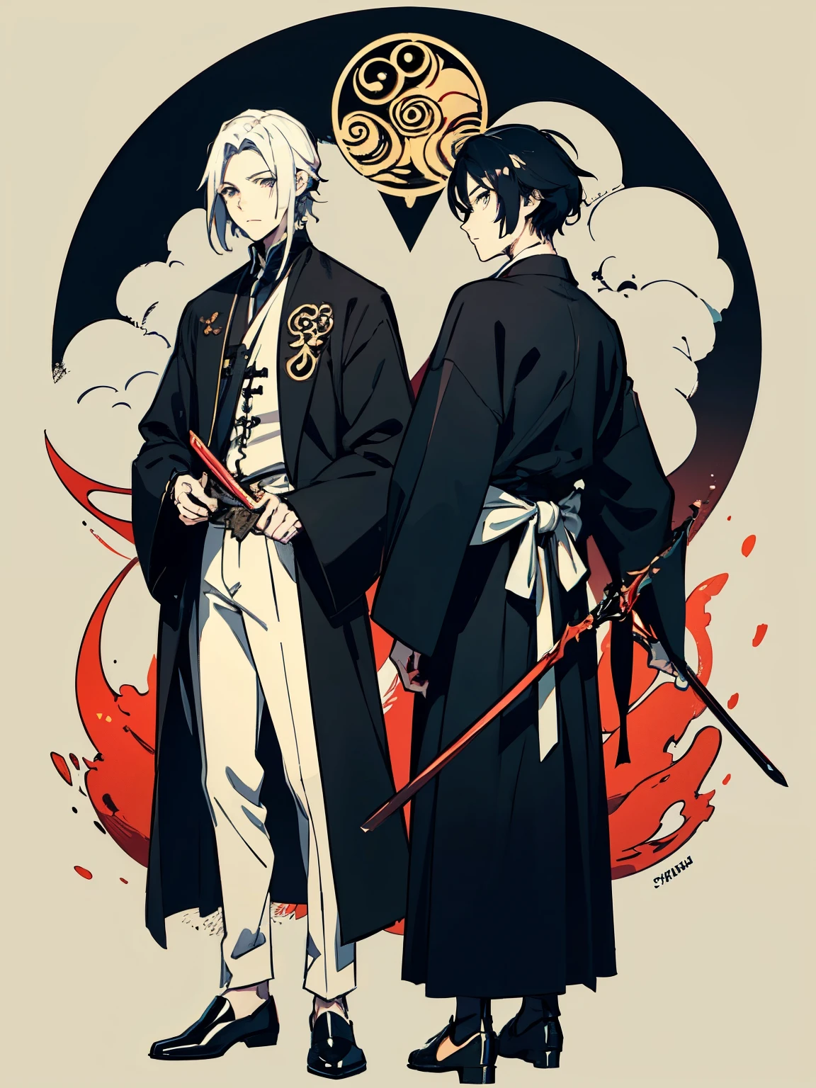 two handsome male,red-eyed ,Shinigami men holding black sickles,dark back ground,colorful anime illustration, fullbody ,art nouveau style