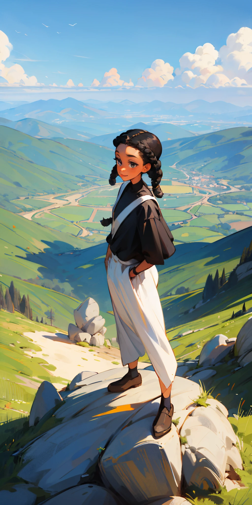A black girl with braids standing on a mountain that say business and it has to be cartoon or like Disney