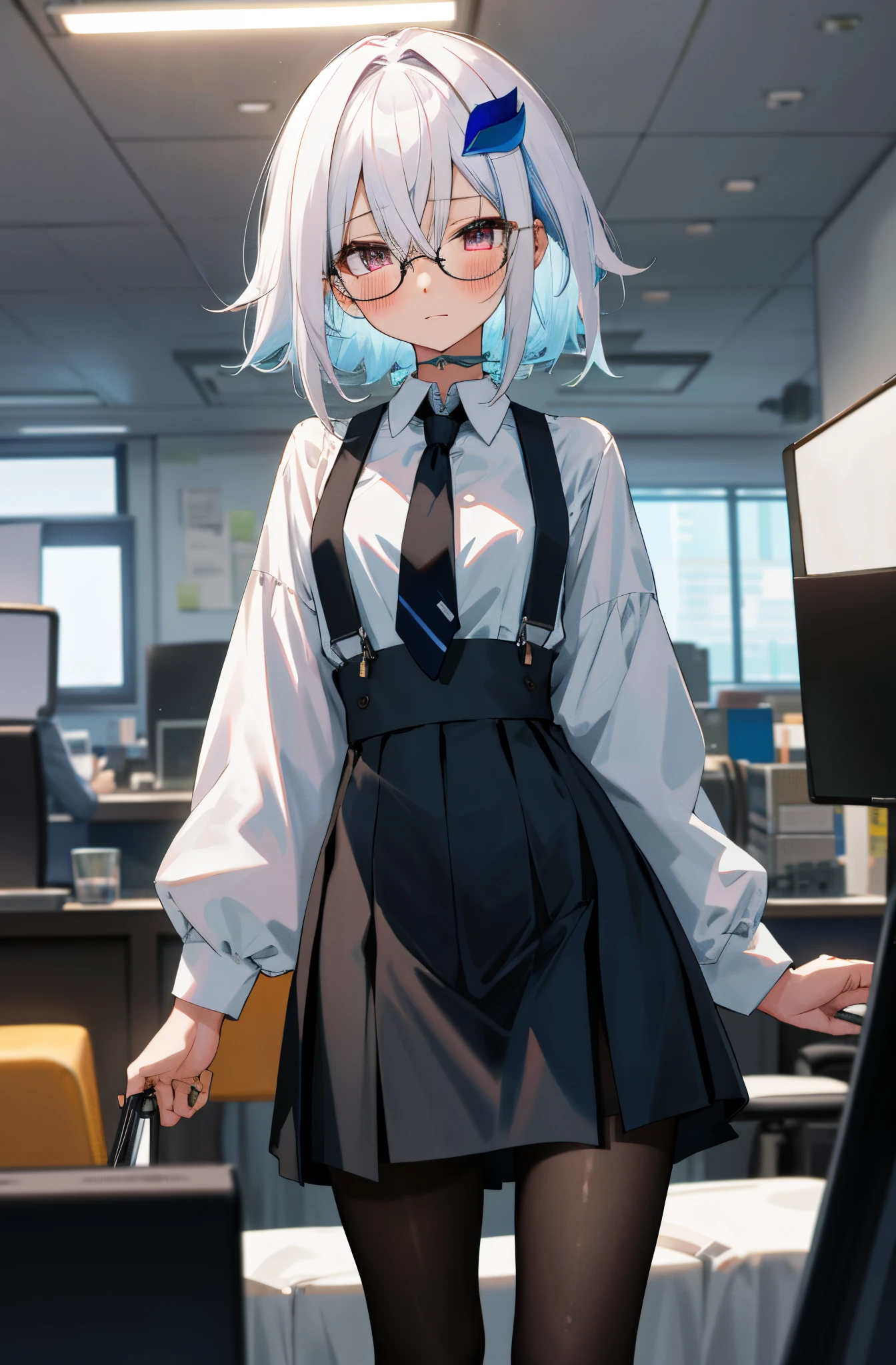 One girl with short messy hair, hair between eyes, white hair, blue inner hair, looking at viewer, blushing, expressionless, ringed eyes, indoor, living room, suit, black suspenders, white shirts, black necktie, mini skirt, office lady, thigh, slim, dizzy, choker, mid-chest, wide hips, perfect waist, night atmosphere, hair ornament, standing, center, glasses, pantyhose,