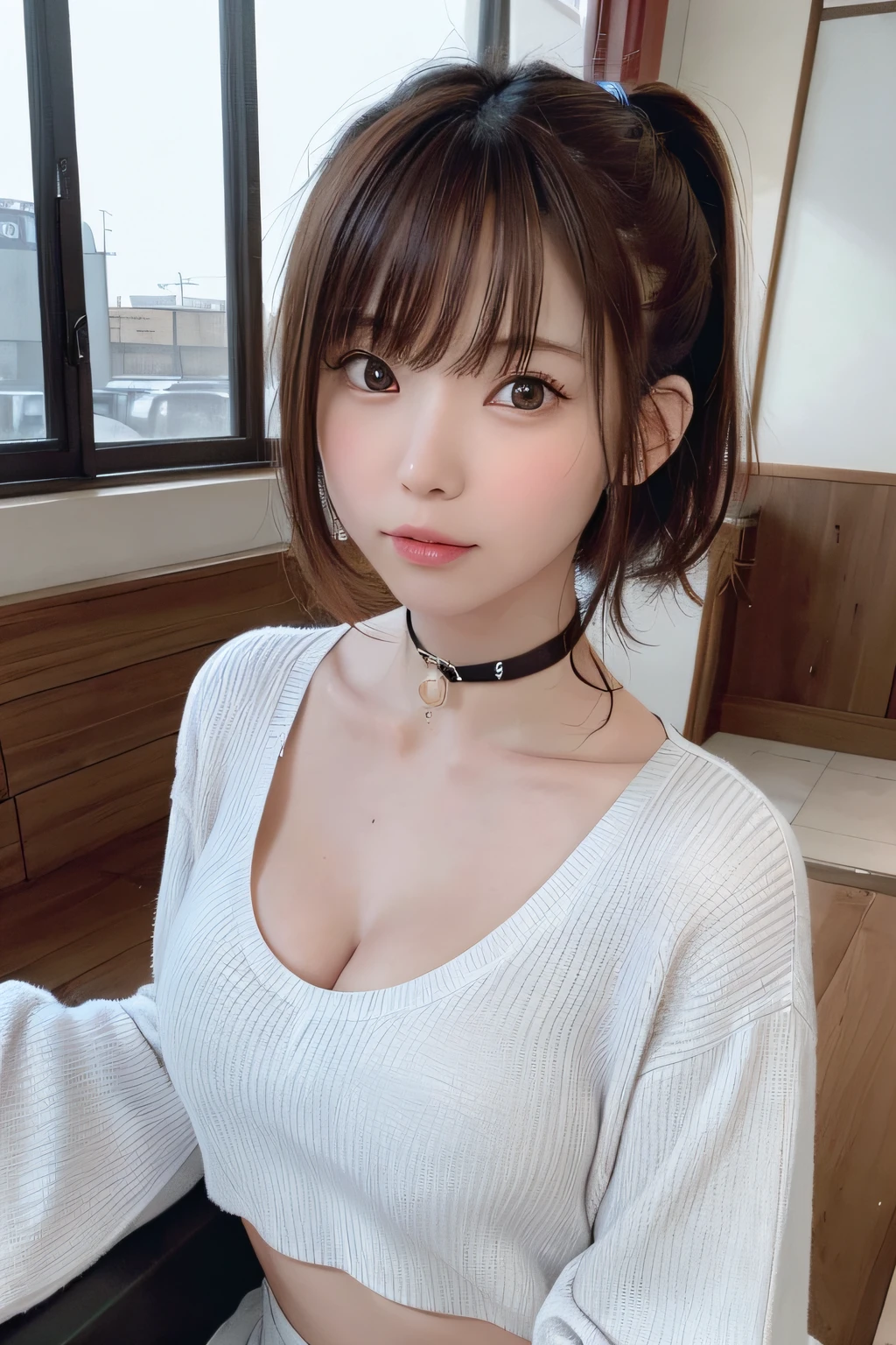 Best Quality Detail:1.2, hentail realism, 8K UHD, hight resolution, 1girl in:1.2, The ultra-detailliert, High quality textures, intricate detailes, detaileds, Very detailed CG, High quality shadows, Detail Beautiful delicate face, Detail Beautiful delicate eyes, depth of fields, Ray traching, in her 20s, Beautiful Pop Girl, Korean Urzan Face:1.1, Slender face, Urzo-6500-V1.1:0.6, pureerosface_v1, glowing light eyes, teak, Glossy lips, perfect bodies, choker necklace、(layers-Cut、flat chest:1.2)、 Brown hair、poneyTail:1.1, Street, Particle, view the viewer, Photorealsitic:1.4, ultra - detailed, photos realistic, 4K 8K Ultra HD Full Color RAW Photos, Fuji Film(Medium format:1.2), hasselblatt:1.2, Carl zeiss:1.1, Incredible dynamic range photography(UTIL_The art of SMUS-768:1.1), hight resolution, High pixel count, clear details, Sharp Images, Natural color reproduction, denoise, High fidelity, quality, Software Improvements, upscaled, Optimization algorithm, Professional-grade grooming、((Shibuya, tokyo prefecture))、inside of a car、((Very high design fashion clothes))、Casual Sportswear: Athleisure Sportswear、in winter fashion style,