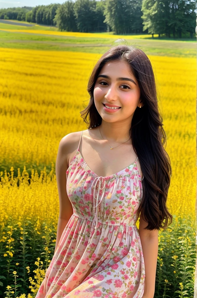 Instagram photo, girl named reema khan, wearing sundress, selfie taken on iphone 15, perfect body, looking at viewer, is in flowerfield, sunkissed, sunlight, slight smile, bokeh
