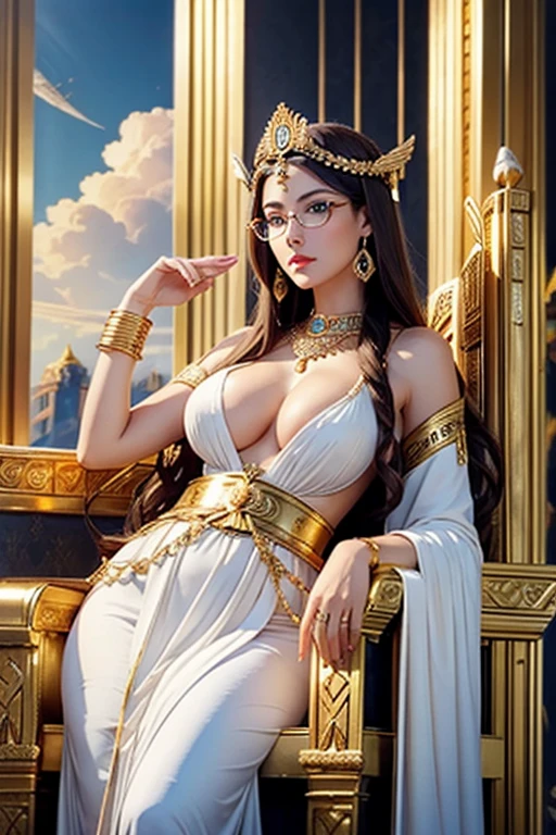 beautiful woman on a Throne , imperious Ancient Goddess, Olympus Goddess, Athena ; in sky; White Antique Dress, Golden ornements, brunette, Long Curved Hair, red lips, Blue eyes, wears glasses, Big boobs, Thin waist, eYeliner, big eyelashes, seductive pose,