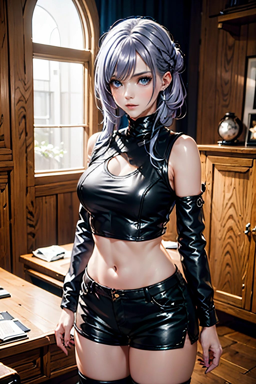 The tooltip for a given topic is as follows: "Girl with a European face, Aryan face, 20years old, Silvery-purple hair, pale purple-blue hair, Bright blue eyes, Her hair is tied up in a bun and falls to her right shoulder. Dressed in a comfortable leather suit, ((black shorts)), Black Leather Leggings, (((clothes in dark colors))), close-fitting clothes, (Best Quality, 4k, 8K, hight resolution, Masterpiece:1.2) Ultra-detailed features, including realistic, Photorealistic eyes and face. The figure shows the media (Insert Material) that resembles an illustration, oil painting, or 3D rendering. Girl in the garden with bright flowers and sharp focus, soft studio lighting. The overall atmosphere is calm and serene, with a touch of unearthly beauty. The color scheme is dominated by shades of black, Creating a dreamy and surreal aesthetic."