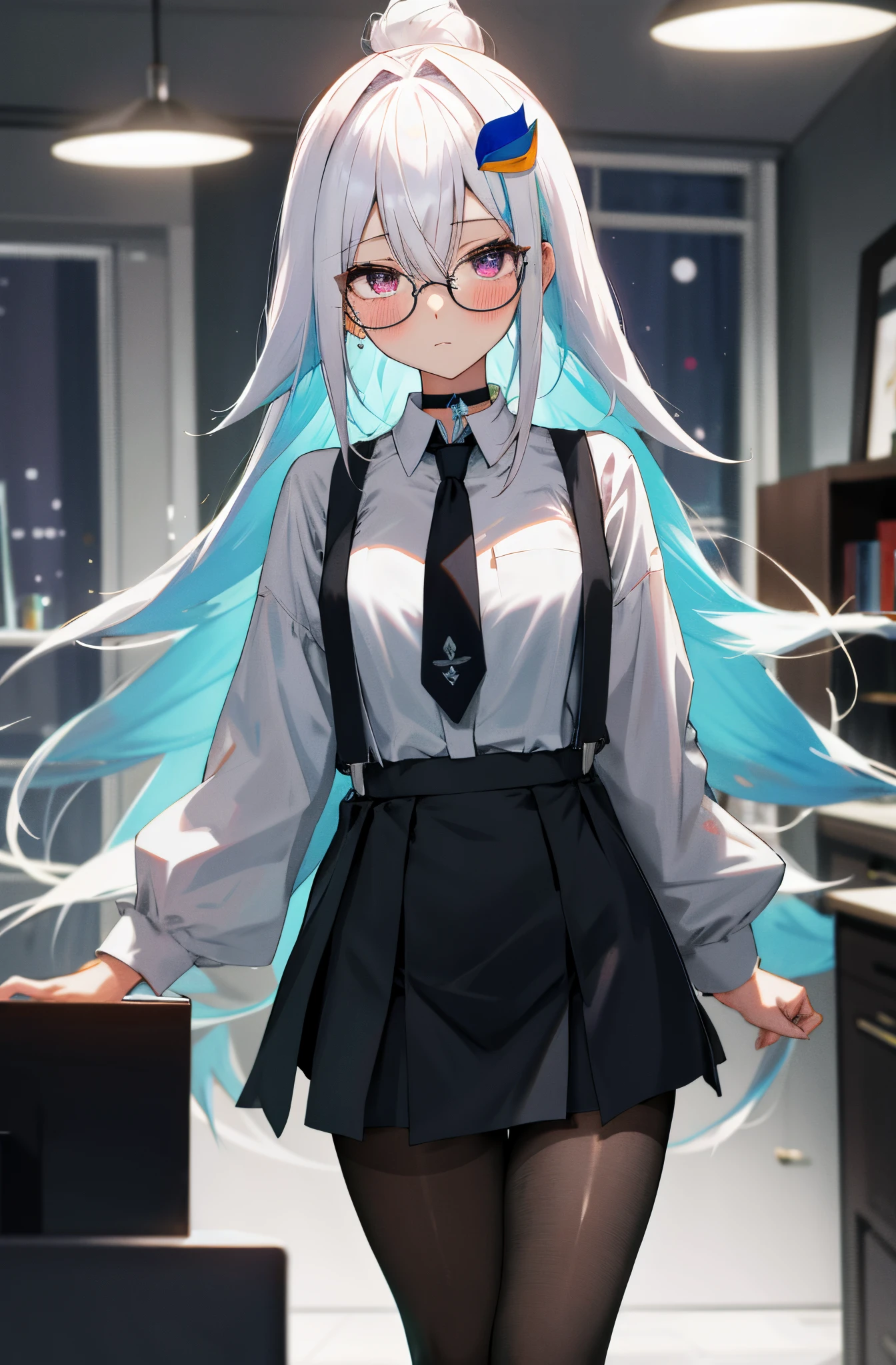 One girl with long hair, hair between eyes, white hair, blue inner hair, looking at viewer, blushing, expressionless, ringed eyes, indoor, living room, suit, black suspenders, white shirts, black necktie, mini skirt, office lady, thigh, slim, dizzy, choker, mid-chest, wide hips, perfect waist, night atmosphere, hair ornament, standing, center, glasses, pantyhose,