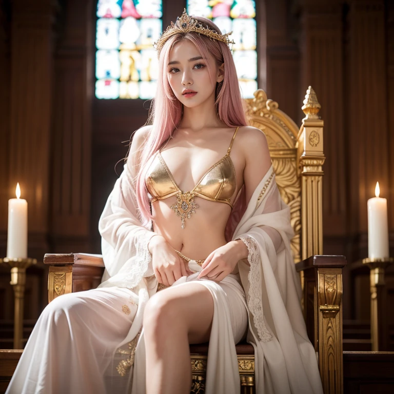 Western Goddess、Deities々Right、western goddess attire、optic、western lace clothing、western thin clothes、western white clothes、Pink hair、western mythology、western gold fine decoration、angelicales、Smaller chest、teats、chies、background is church、a throne、Skysky、Exposed nipples、Vaginal bare、Thin eyebrows、Thin eyebrows、tits out、The areol