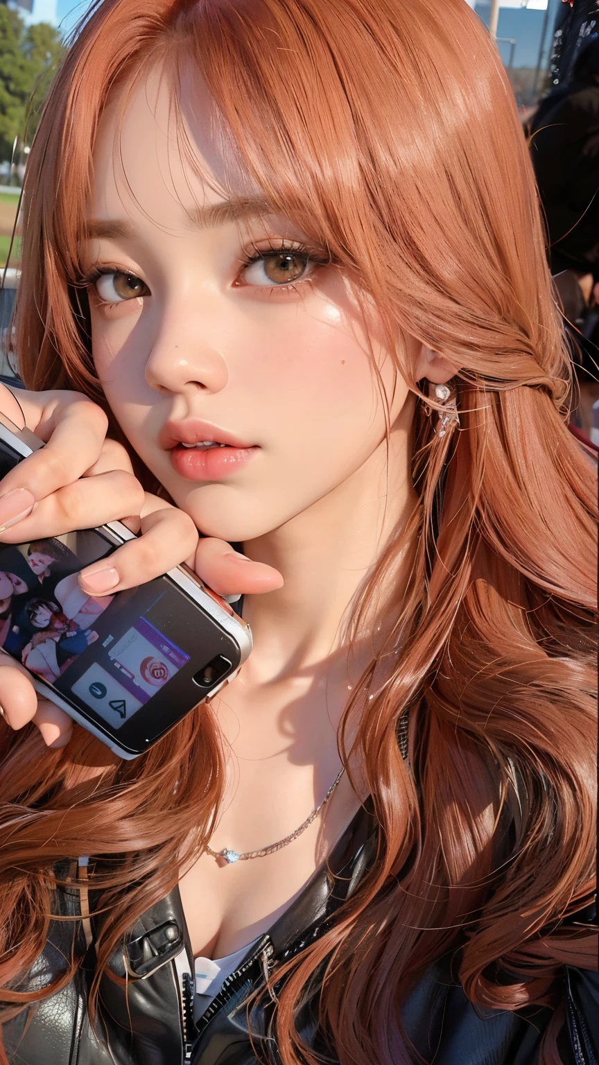 There is a woman with long red hair holding a mobile phone, Lalisa Manobal, jossi do blackpink, Ulzzang, Dom Yunjoo, Lalisa Manoban do Blackpink, Parque Roseanne do Blackpink, Jinyoung Canela, Sakimichan, Jaeyeon Nam, Kim Doyoung, jisoo do blackpink, Fotografia selfie 8k, jia