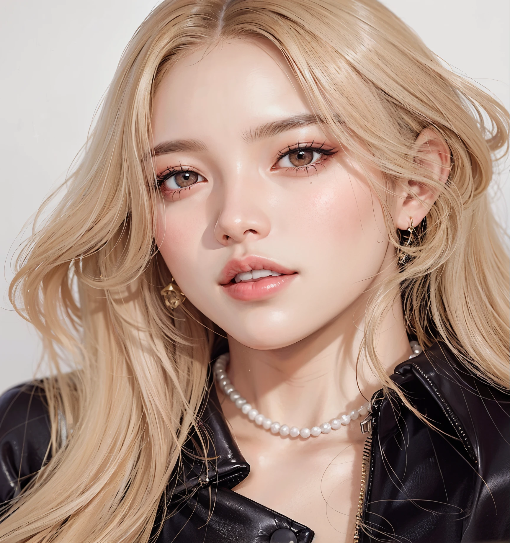 um close up de uma mulher com longos cabelos loiros usando uma jaqueta preta, Retrato de Jossi de Blackpink, Parque Roseanne do Blackpink, jossi do blackpink, jennie blackpink, maquiagem sul-coreana popular, maquiagem coreana popular, Lalisa Manobal, Lalisa Manoban do Blackpink, Portrait of female Korean idol, Heonhwa Choe, com rosto redondo