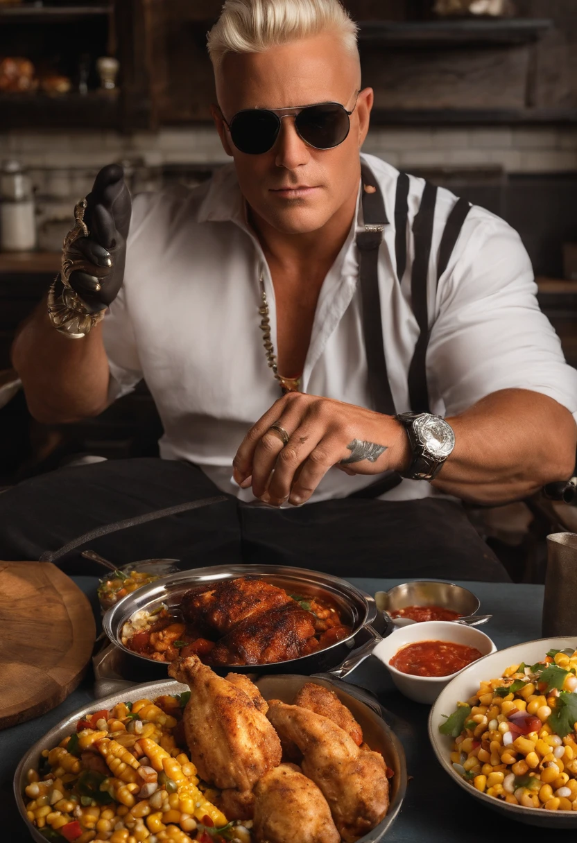 A platter of sizzling blackened chicken with a side of sweet and spicy corn salsa,original,He is a white man. He has platinum blonde short hair that he wears spiked up. He also keeps a dark goatee. He is chubby. He often wears accessories like spiked punk bracelets and black Oakley sunglasses. He has tattoos on his left arm. His ears are pierced.