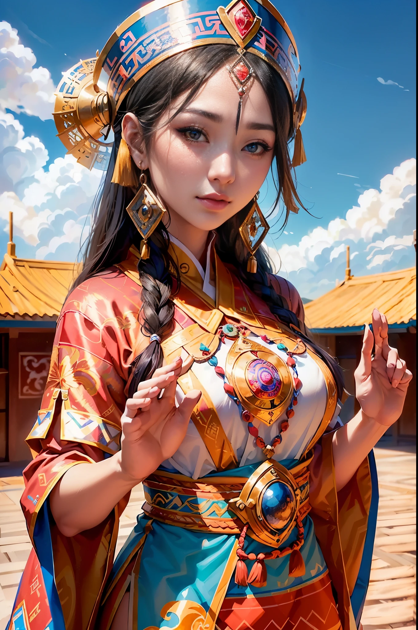 (generate a beautifull mongolian lady, dancing, wearing detail luxury mongolian traditional clothes, detail traditional mongolian house background, beautifull sky with clouds, beautifull scenenary, beautifull face, pretty face, beautifull eyes, beautifull nose, raytracing, beautifull fingers, beautifull hands, (4 fingers in 1 hand), full body photoshoot, pretty makeup, perfect anatomy, good lighting, professional photoshoot, sharp eye, fresh lips