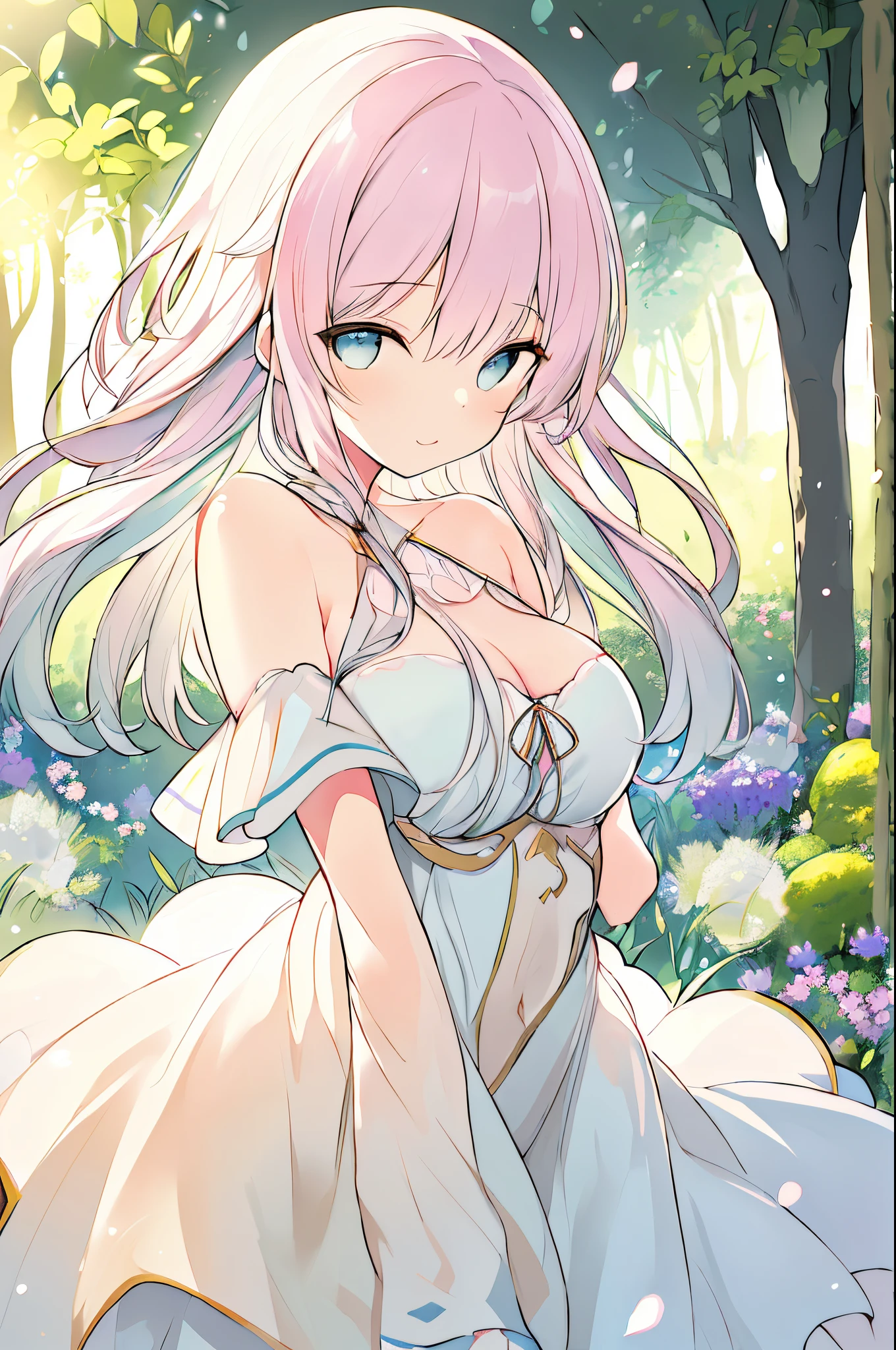 (best quality,4k,8k,highres,masterpiece:1.2),ultra-detailed,realistic,photorealistic:1.37,A cute girl from back,soft lighting,subtle shadows,girl's face hidden by her long flowing hair,beautiful detailed eyes,soft smile peeking through,delicate eyelashes,lush colorful garden in the background,lavender and pink flowers surrounding her,gentle breeze blowing through the garden,creating a dreamy atmosphere,golden sunlight filtering through the trees,casting warm glowing light on the girl's hair and shoulders,soft focus, ethereal atmosphere,pastel color palette,romantic and whimsical style.