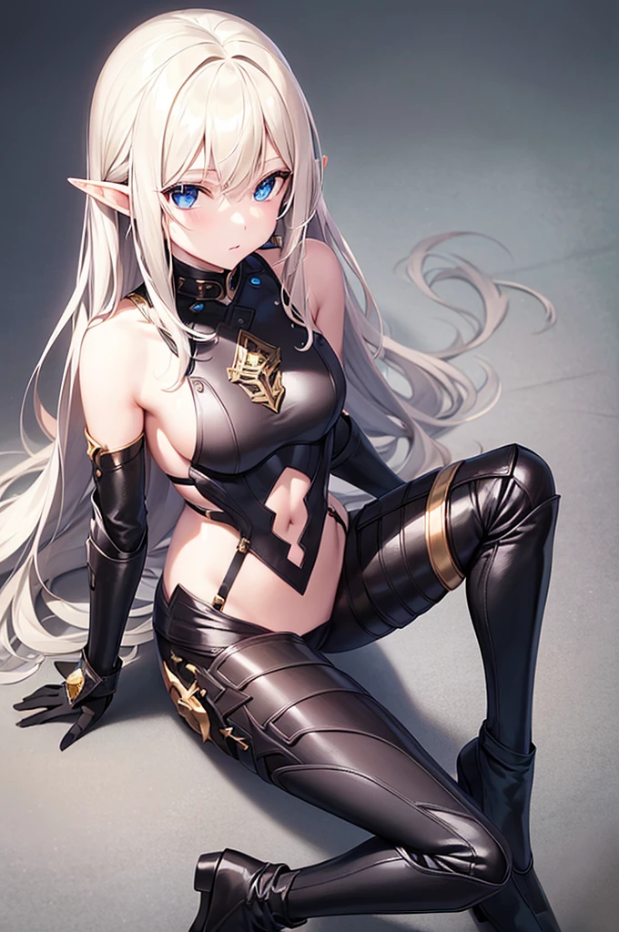 one girl, young elf, cute, revealing, sexy, dark brown studded leather armor, short ankle boots, no socks, platinum blonde wavy hair, blue and gold eyes, pale skin, tropical background