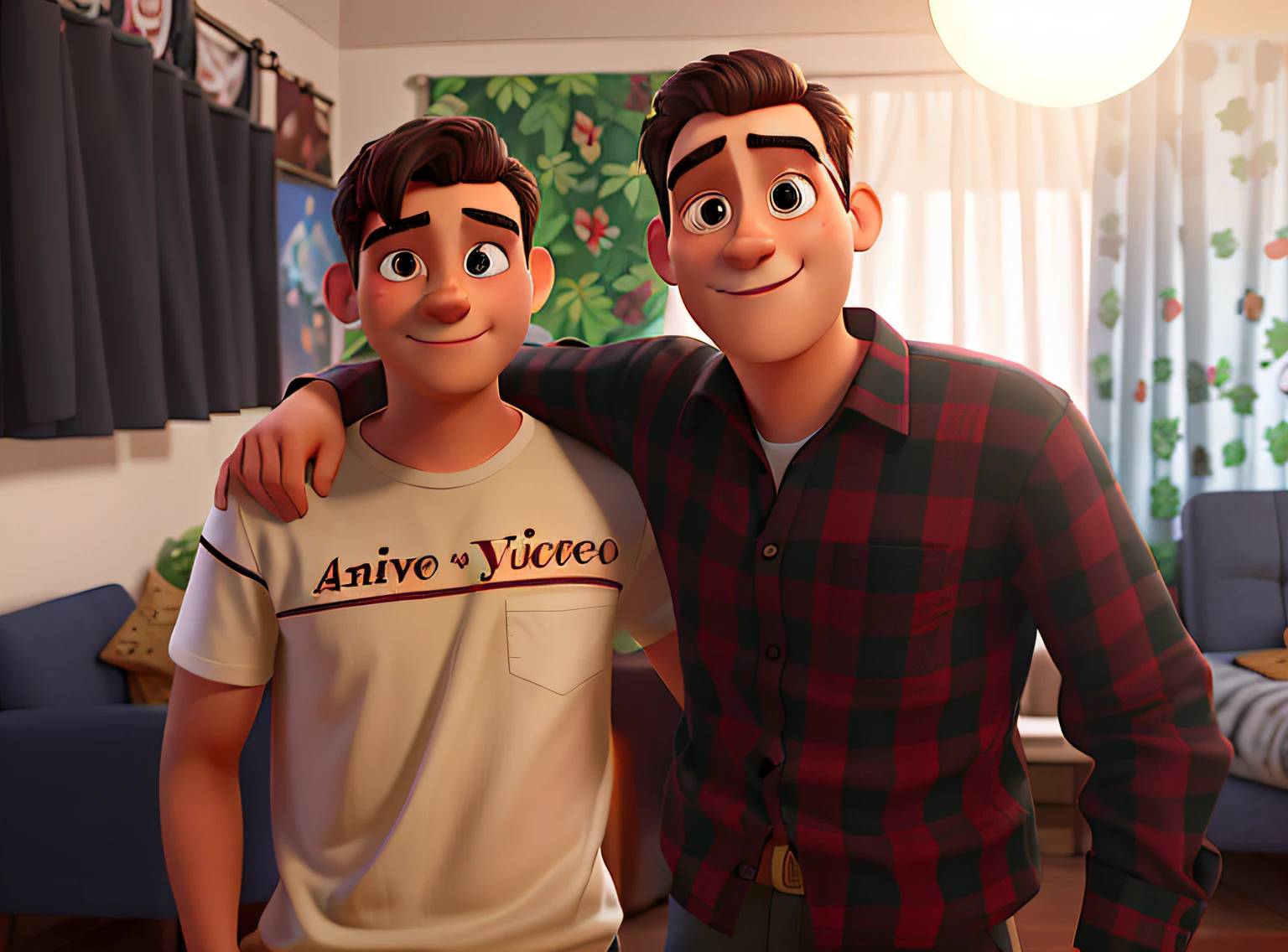 poster no estilo pixar, 1 30-year-old young man with a white blouse and another 25-year-old young man with a red and black checked shirt, brothers indoors with black furniture and curtains with green leaves and animals, estilo disney pixar, alta qualidade, melhor qualidade