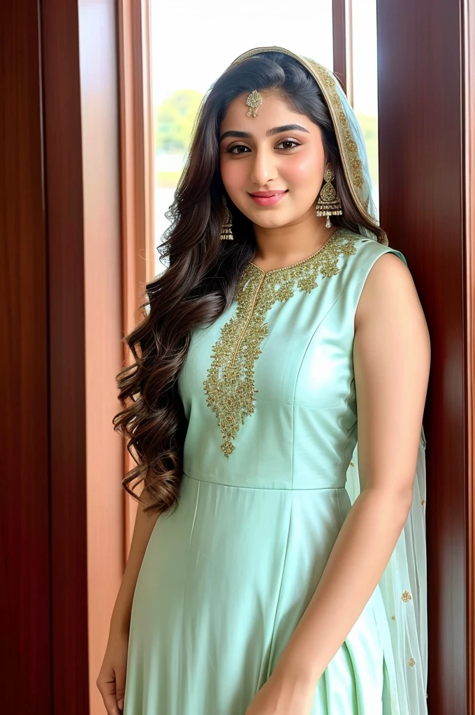 Instagram photo, girl named reema khan, wearing salwar kameez, photo taken on iphone 15, perfect dy, looking at viewer, is in wedding, slight smile, bokeh