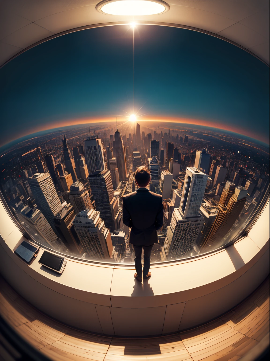 ((fish eye view)), (super wide angle), The view of the city，Buildings，busy street。Jack stood in front of the large window in his office，Look at the bustling city，With loneliness and confusion on his face