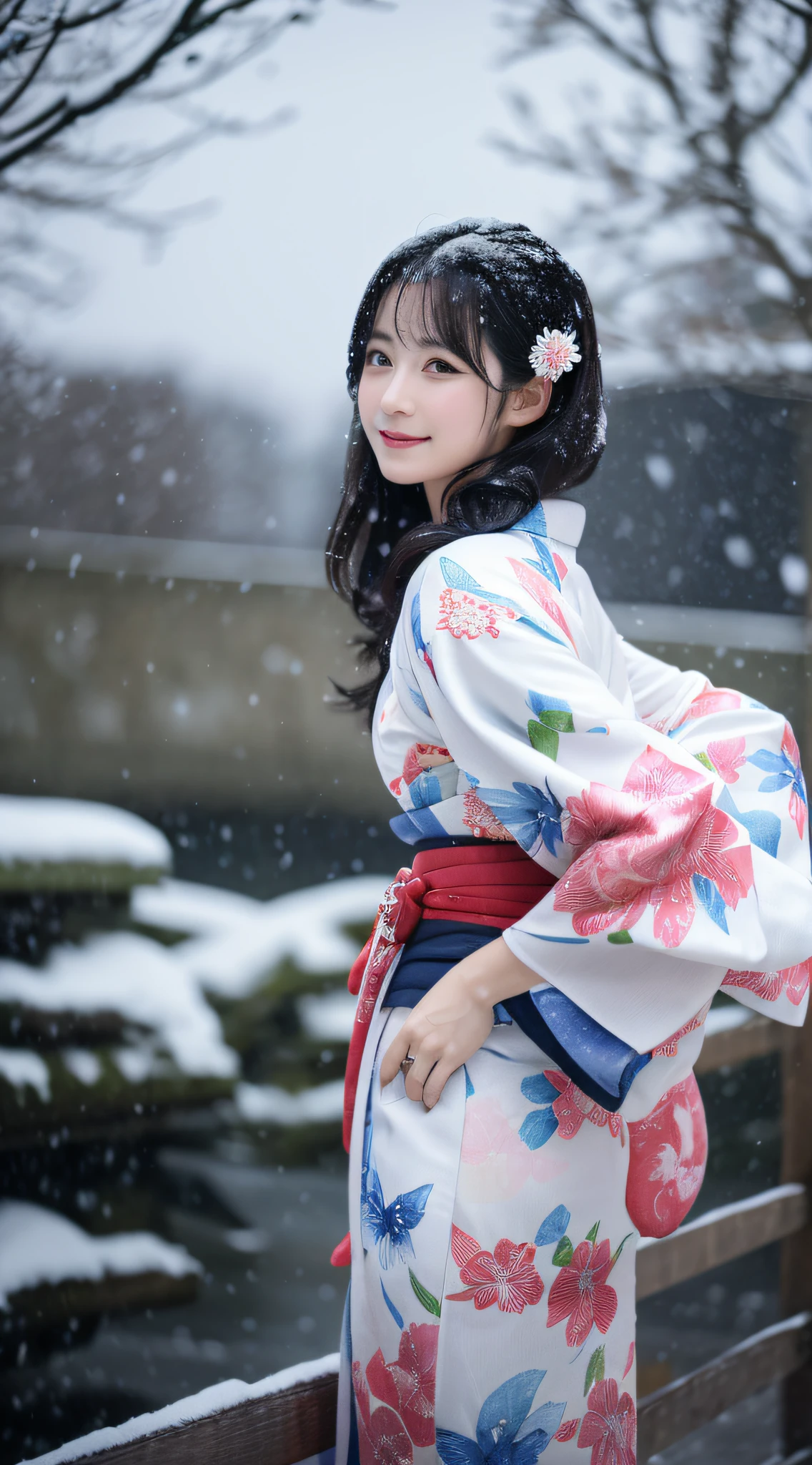 ((Kimono))、(full body Esbian)、(top-quality,​masterpiece:1.3、超A high resolution)、(ultra-detailliert、Caustics)、(Photorealsitic:1.4、RAW shooting)、Ultra-realistic capture、A highly detailed、 Skin texture is natural、(voluminous hair)、25-years old、The skin looks healthy with an even tone、 Use natural light and color、One Woman、japanes、A dark-haired、Middle hair、(Falling snow:1.3)、(Hair swaying in the wind:1.3)、(Snow reflects light)、Light in the eyes、Looking at the camera、