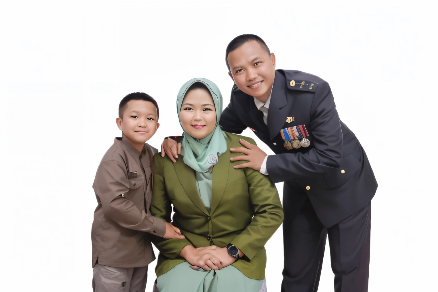 there are two people and a child posing for a picture, husband wife and son, portrait of family of three, an indonesian family portrait, happy family, family portrait, potrait, full protrait, by Basuki Abdullah, protrait, military, barong family, digital photo, family photo, wearing military uniform, family photography, wearing a military uniform