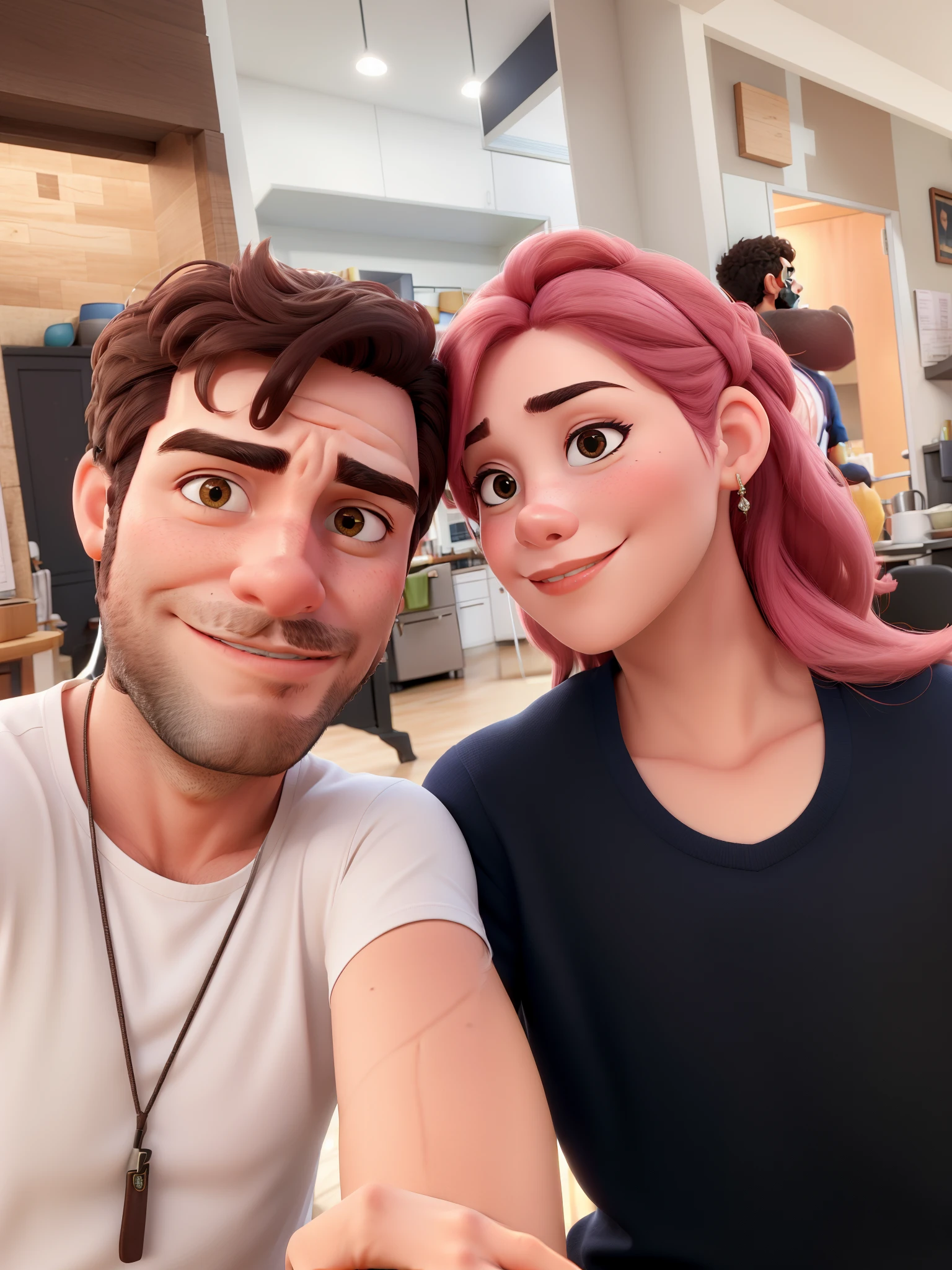 Casal, homem e mulher. Mulher com cabelo rosa e homem com barba.
