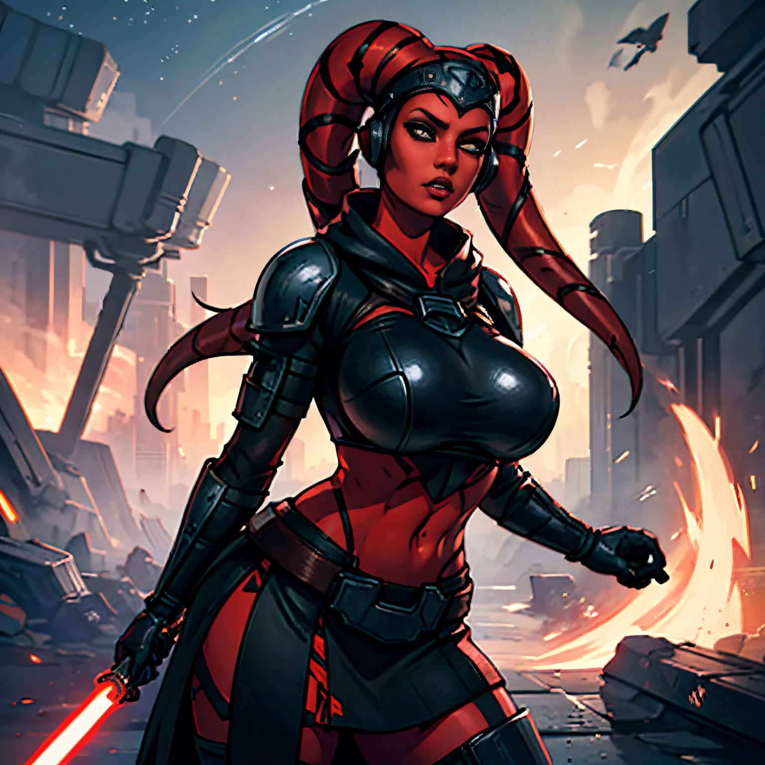 armor, busty, athletic, gigantic boobs, ((red skin), twi'lek), dual red lightsabers, evil space knight, space ninja, (wearing black robes, black stealth armor, breastplate, tunic, tabard, cowl, cloak, body glove, straps, buckles, skirts, long sleeves, fantasy, ((armor))), ((busty), slender body, thin, slim sexy body, slim waist, long legs, toned legs, (((top heavy, gigantic breasts)))), Imperial starship, Star Wars, action scene, fighting