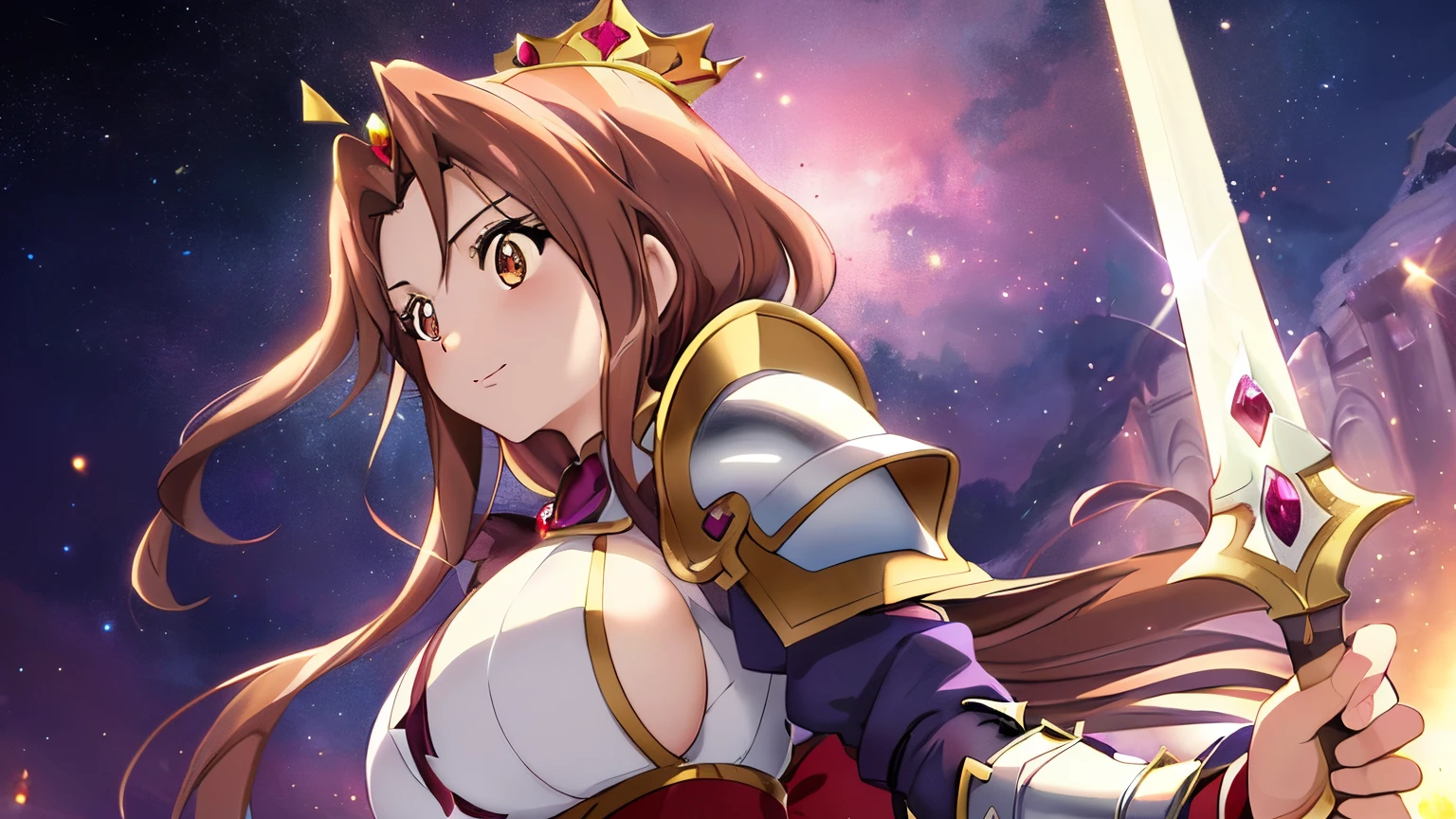 Close-up of a woman in a white dress costume holding a sword, knights of zodiac girl, portrait knights of zodiac girl, Woman with long purple hair, Brown-eyed woman, anime goddess, rei hino as a princess, Muscular woman, feminine and muscular, Shining ruby armor, oppai, huge tit, had very large breasts, ((a beautiful fantasy empress)), Enchanting Queen Night, Dressed in light armor, Dress Armor Lady, Galactic Queen, Crystal Ruby Armor, a matural female, High quality anime art style, smooth anime cg art, tall, appeal, Queen Night, digital manga art, magical girl anime mahou shojo, ruby queen, Ruby reflective armor,