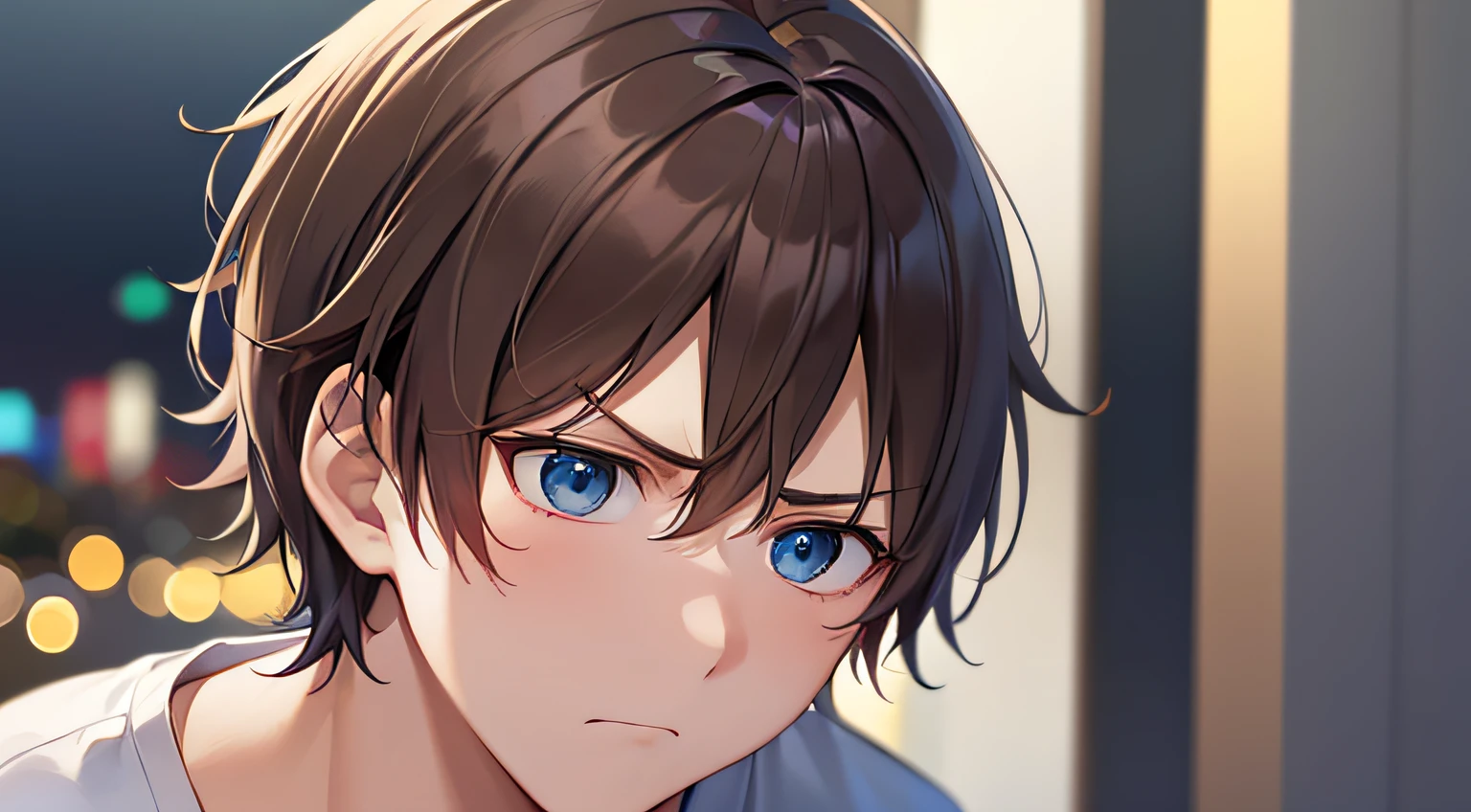 ​masterpiece、hightquality、25 year old man with short brown hair and blue eyes、Like a cartoon in Japan、wearing white t-shirts、Face up、(Alone:1.5)、(Anxious look:1.5)、(Only the upper body is shown.:1.3)、The background is a restaurant at night、Bold composition、