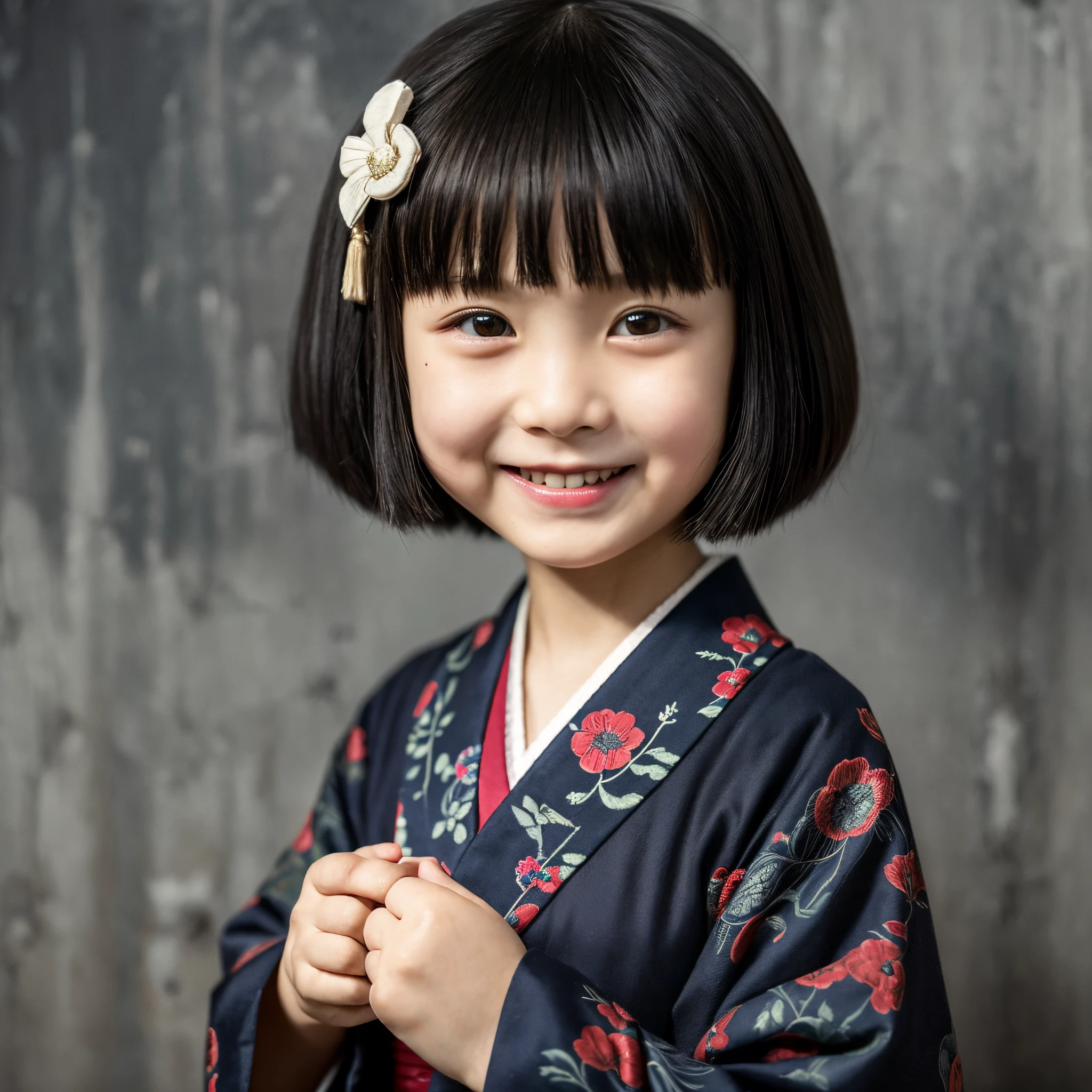 (Best Quality,Ultra-detailed,macabre smile,creepy atmosphera),1girl in,Short Bob Haircuts,Cute kimono,I have a temari in my hand,Around 5 ,Like a character in a nursery rhyme,Hakataori ball,super precision ball,dark backgrounds,Hyper-detailing,the balls are colorful,
