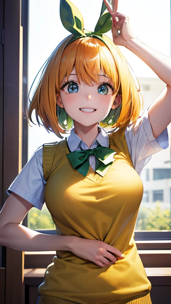 Best Quality、Raw photo、profetional lighting、Top image quality、masterpiece、Live-action depiction、The background is of the best quality、The background is professional lighting、portlate、School Background、High school students、yellow vest sweater、Green Ribbon、Orange hair、a short bob、blue eyess、A smile、The ribbon on the head is also green......、large full breasts、A dress shirt sticking out from under the sweater、