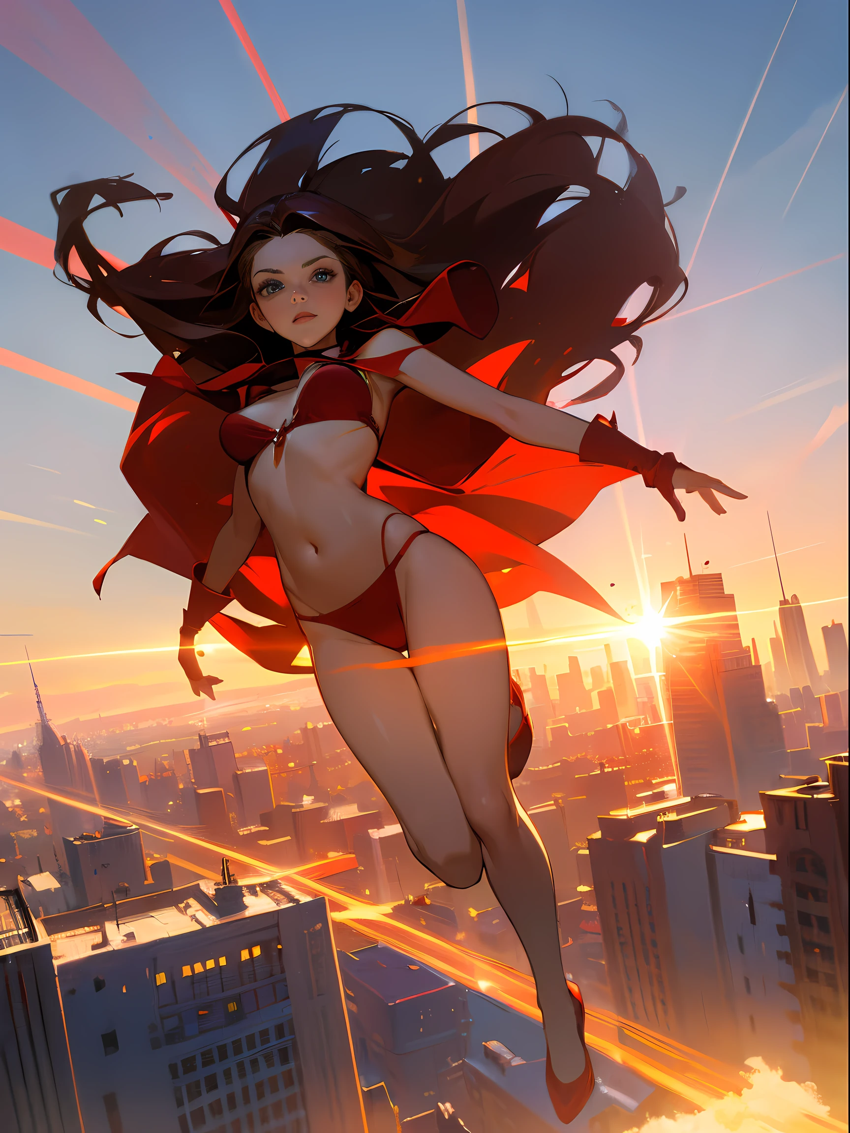 (masterpiece), (best quality), Elizabeth Olsen as Scarlett Witch. Long brown hair. ((Red Bra)), ((Red Panty)). Floating in mid air. Outdoor, sunlight, sun flare, sunlight behind her. full body shot. City background. Perfect proportions.