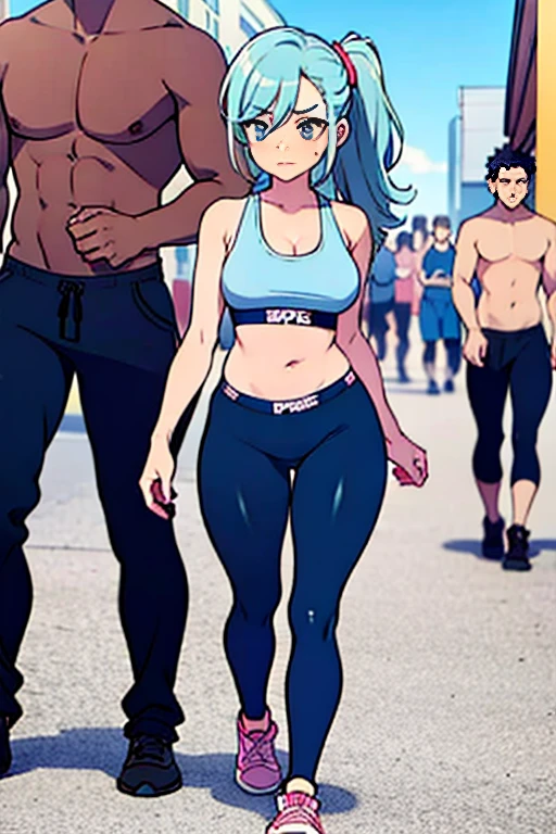 Sexy 25 year old woman, walking outside on street in just underwear, sports bra and baggy sweatpants, gray sweatpants, knee high socks, shoes, light blue hair, full body, jogging, crowded street, shy