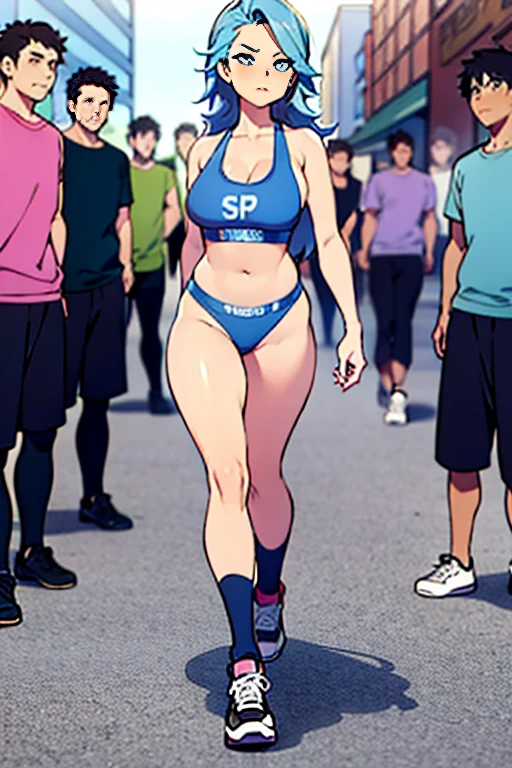 Sexy 25 year old woman, walking outside on street in just underwear, sports bra and baggy sweatpants, gray sweatpants, knee high socks, shoes, light blue hair, full body, jogging, crowded street, shy