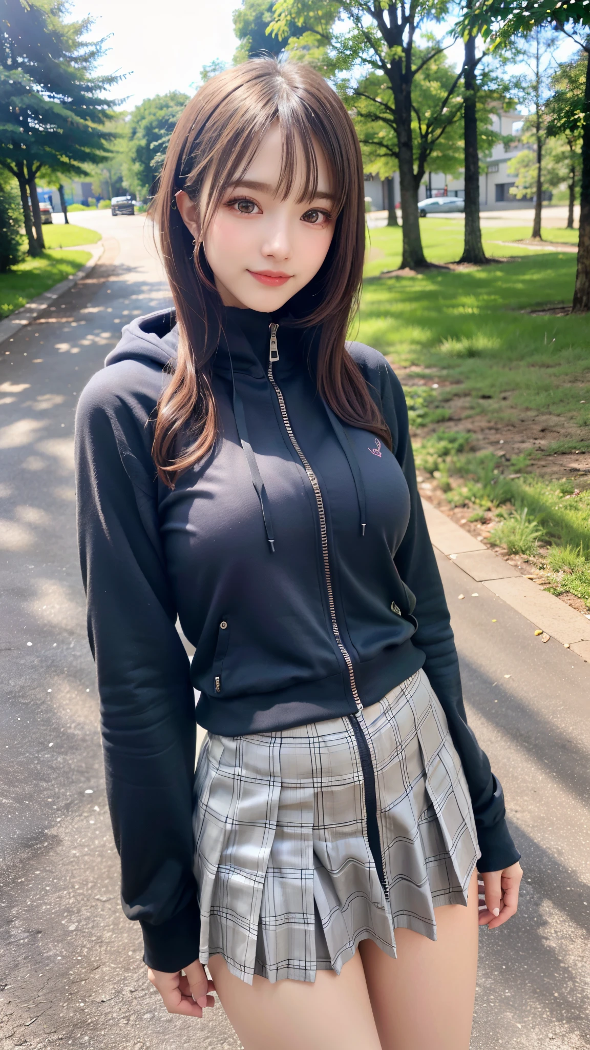 1 beautiful young girl, Super beautiful detailed face, shyly smile, Symmetrical black eyes), hime cut hair, (Fine face:1.2), High quality, Realistic, extremely detailed CG unified 8k wallpaper, Highly detailed, High-definition raw color photos, Professional Photography, Realistic portrait, Cinematic Light, Beautiful detailed, Super Detail, high details, depth of fields, FULL BODYSHOT、Random sexy poses、Medium Hair、semi long hair、thighs thighs thighs thighs、beauty legs、Bare legs、 Super beautiful detailed face, shyly smile, medium breasts, Deep cleavage), (oversized full zip hoodie:1.3), (Grey tartan check pleated skirt), (skirt lift by myself), (flip up the skirt), (lace panties, show panties:1.3), (Skirt blowing in the wind:1.3),You can see the valley、KPOP Idol Face,The chest is open